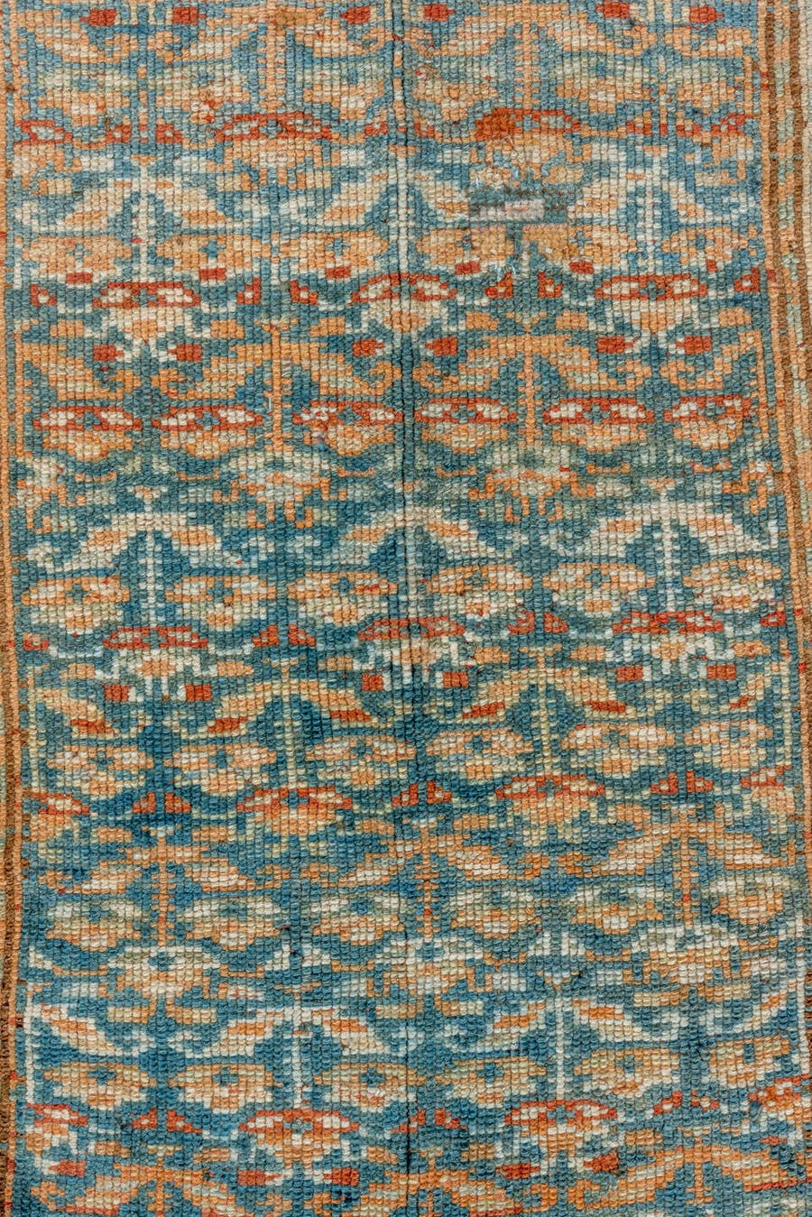 2' x 14' one-of-a-kind handmade vintage Malayer runner rug. Color palette: sky blue, ivory, rust, camel, brown, teal
