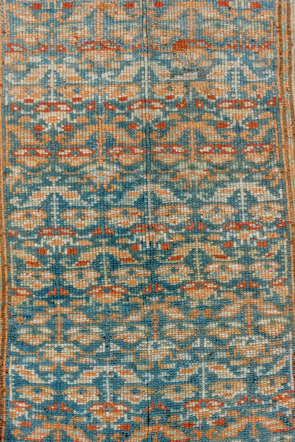 2' x 14' one-of-a-kind handmade vintage Malayer runner rug. Color palette: sky blue, ivory, rust, camel, brown, teal