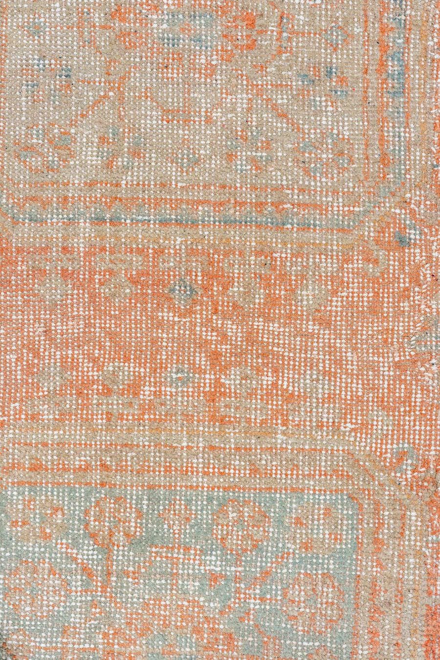 2' x 7' one-of-a-kind handmade vintage Oushak runner rug. Color palette: coral, ivory, pale aqua, peach, beige, sage