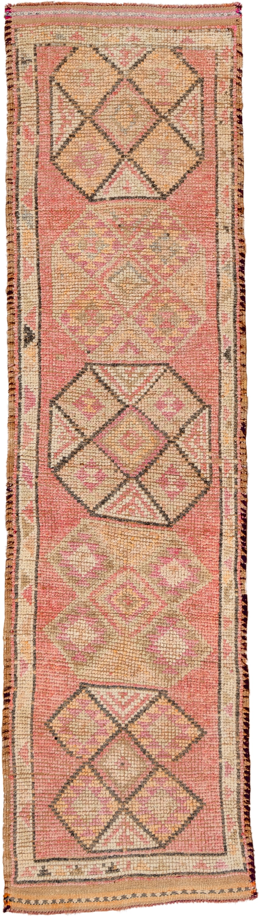 2' x 10' one-of-a-kind handmade vintage Oushak runner rug. Color palette: coral, ivory, blush, camel, charcoal, taupe, rose