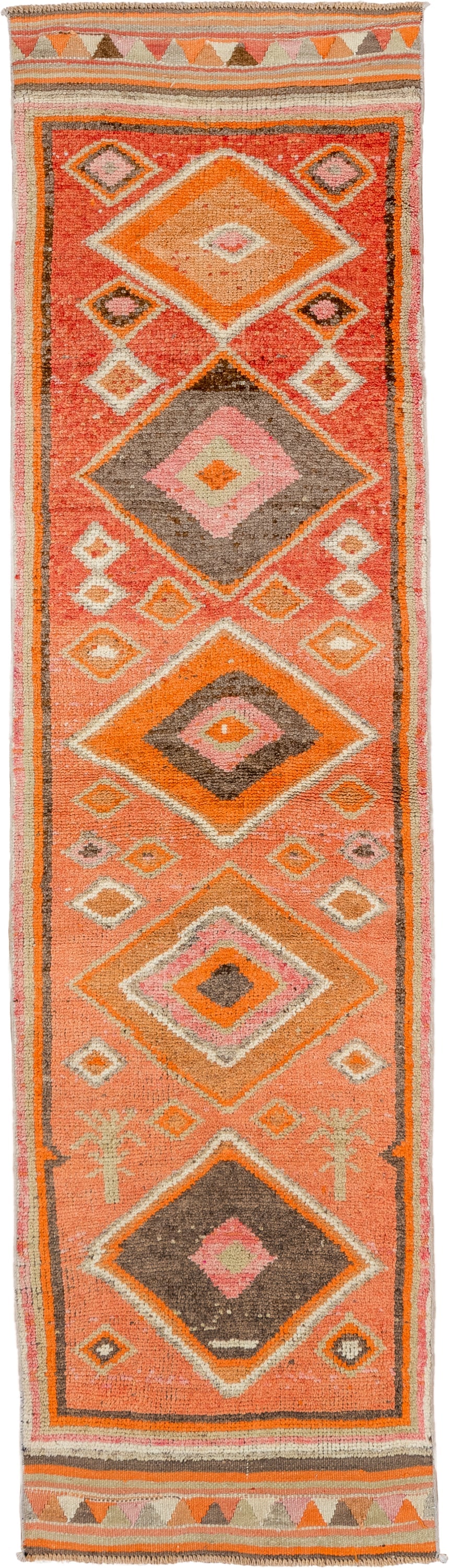 2' x 10' one-of-a-kind handmade vintage Oushak runner rug. Color palette: coral, orange, ivory, taupe, brown, blush, camel