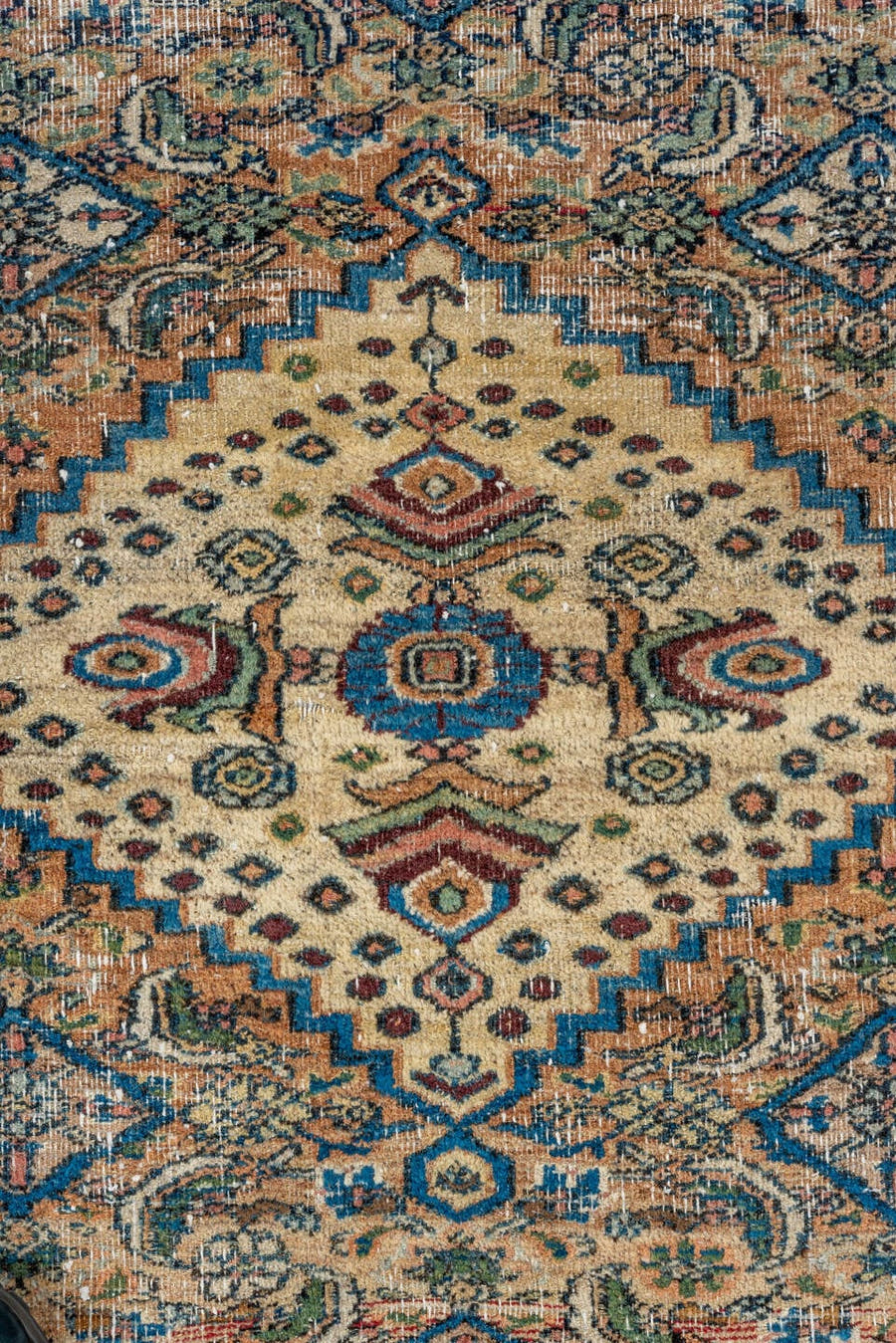 3' x 4' one-of-a-kind handmade vintage Khorassan small size rug. Color palette: ivory, camel, sky_blue, navy, rust, sage