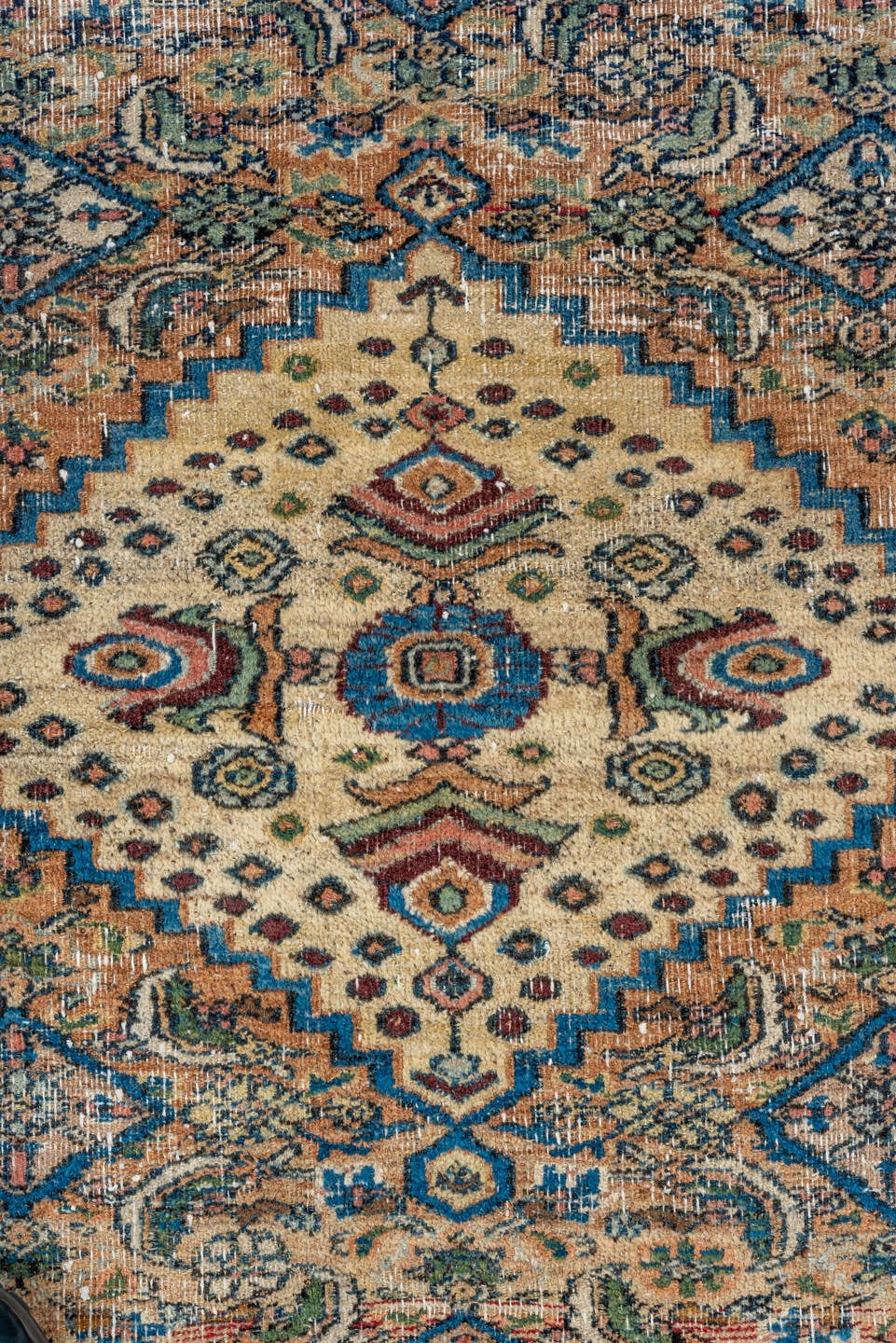 3' x 4' one-of-a-kind handmade vintage Khorassan small size rug. Color palette: ivory, camel, sky_blue, navy, rust, sage
