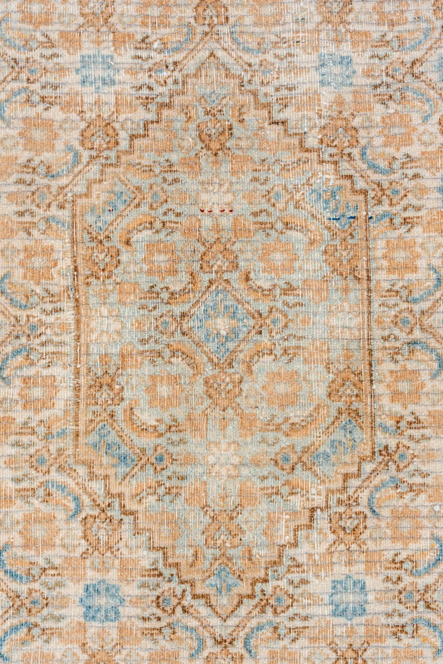 6' x 6' one-of-a-kind handmade vintage Meshed rug. Color palette: ivory, sky blue, sand, camel, taupe, light brown
