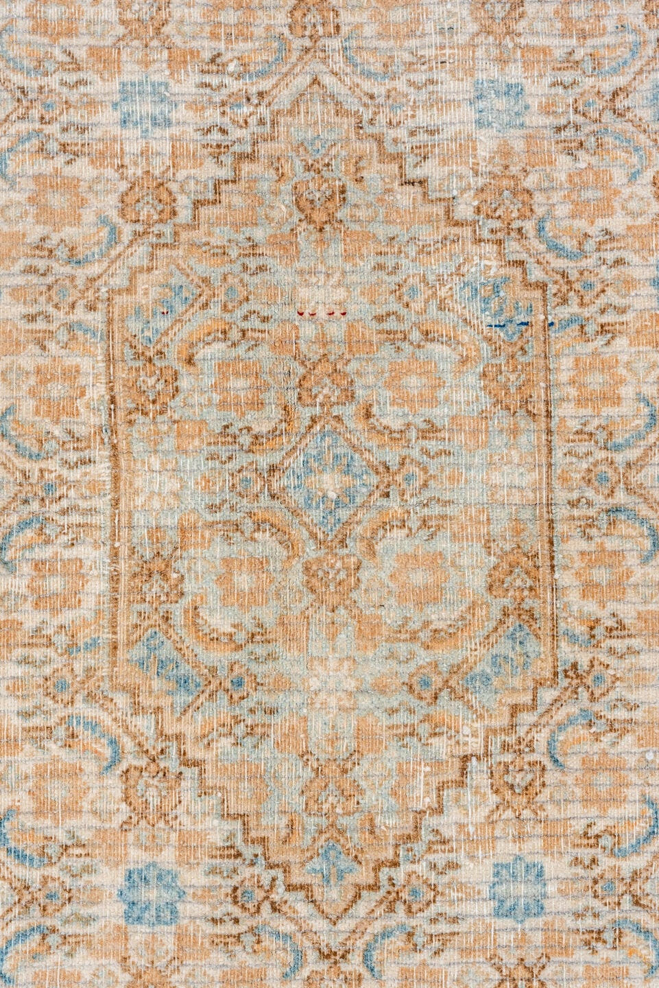 6' x 6' one-of-a-kind handmade vintage Meshed rug. Color palette: ivory, sky blue, sand, camel, taupe, light brown