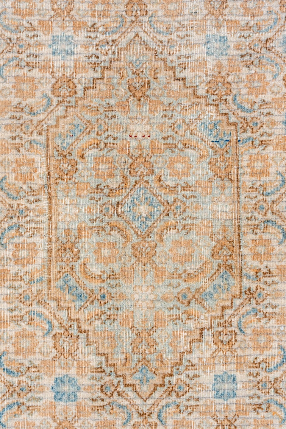 6' x 6' one-of-a-kind handmade vintage Meshed rug. Color palette: ivory, sky blue, sand, camel, taupe, light brown