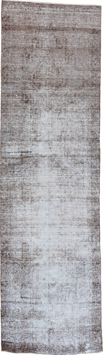 3' x 10' one-of-a-kind handmade vintage Overdyed runner rug. Color palette: dark gray, dim gray, gainsboro, gray, light blue