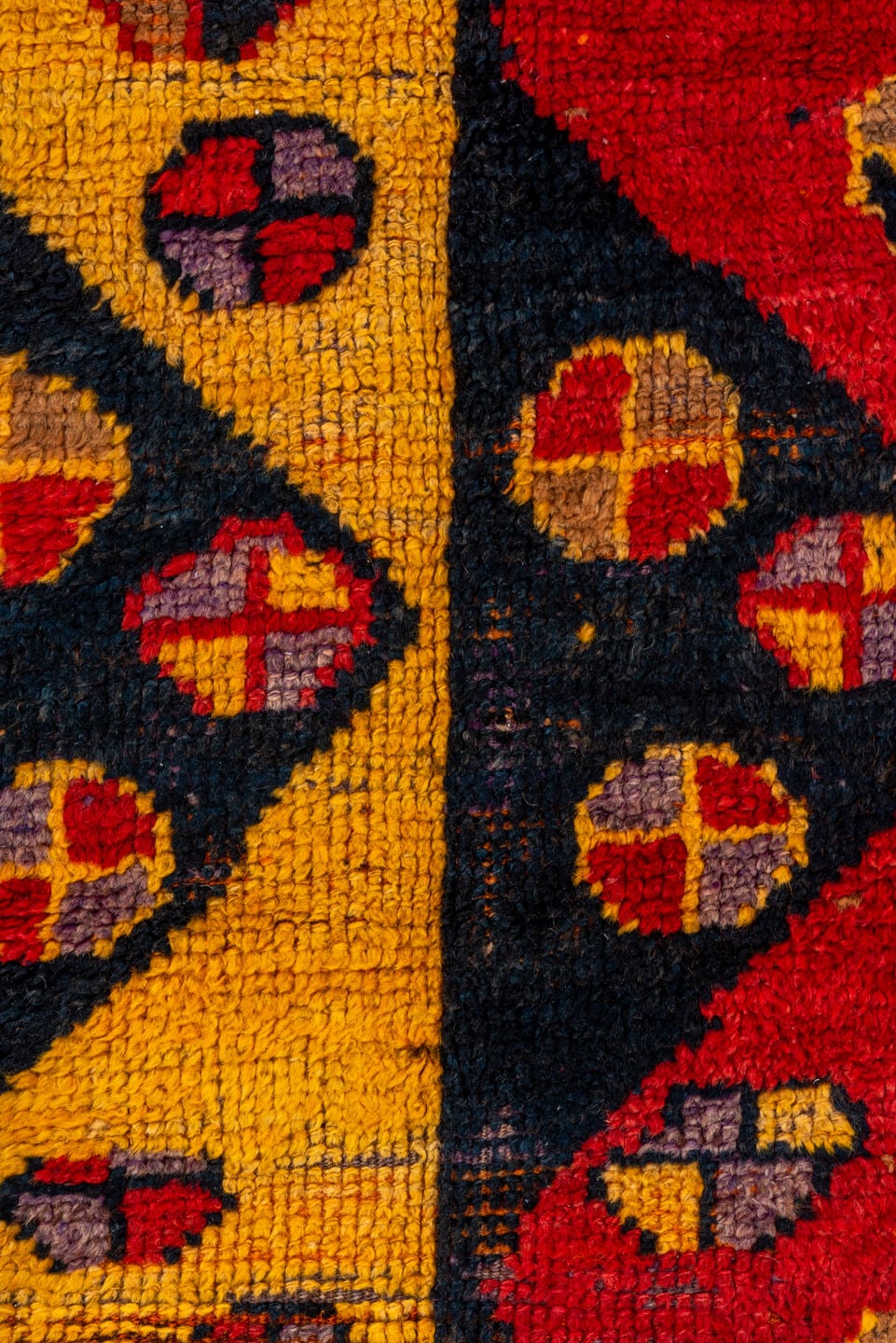 3' x 6' one-of-a-kind handmade vintage Tulu small size rug. Color palette: gold, black, crimson, rust, taupe, plum, red