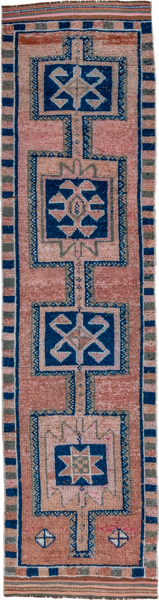 2' x 11' one-of-a-kind handmade vintage Kars runner rug. Color palette: rose, indigo, ivory, taupe, camel, brown, pink, red