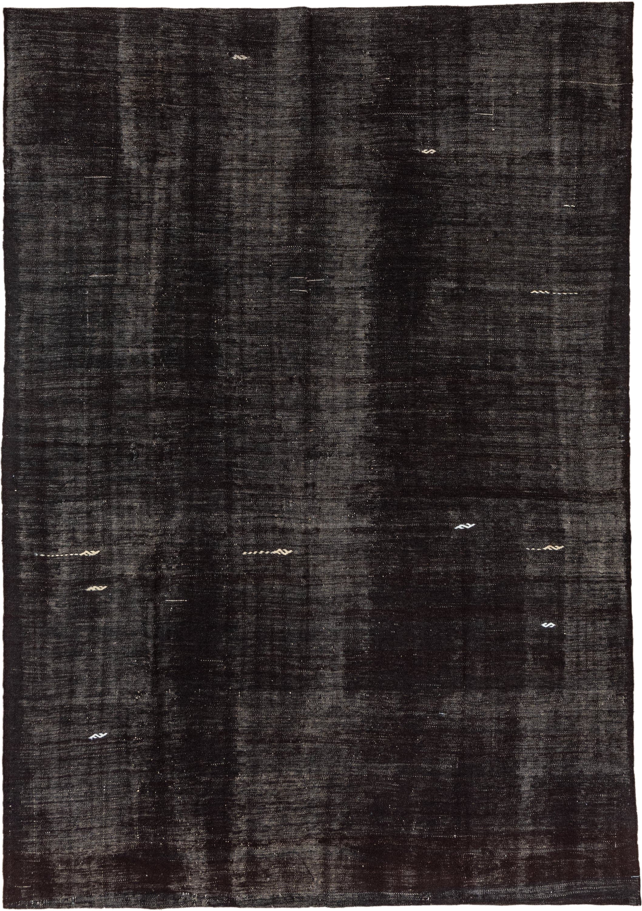 7' x 10' one-of-a-kind handmade vintage Kilim large size rug. Color palette: charcoal, black, slate, ivory, gray