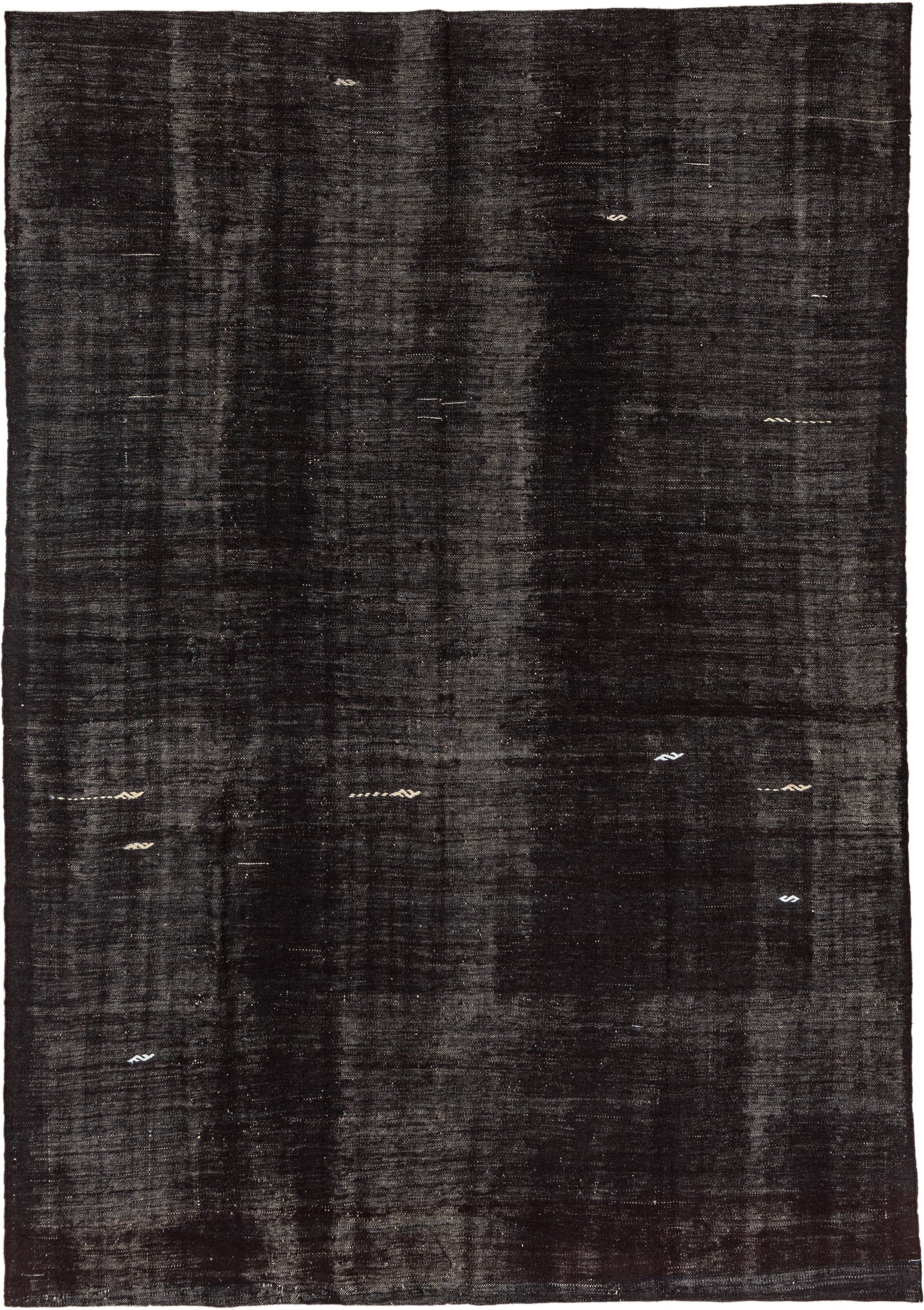 7' x 10' one-of-a-kind handmade vintage Kilim large size rug. Color palette: charcoal, black, slate, ivory, gray