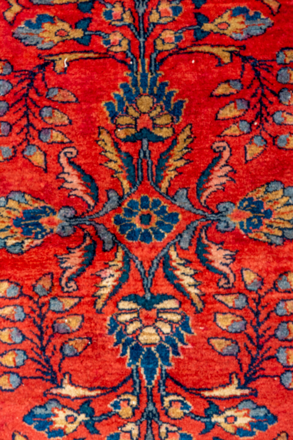 5' x 6' one-of-a-kind handmade vintage Lilian rug. Color palette: red, navy, ivory, sky_blue, rose, camel, blue, light blue