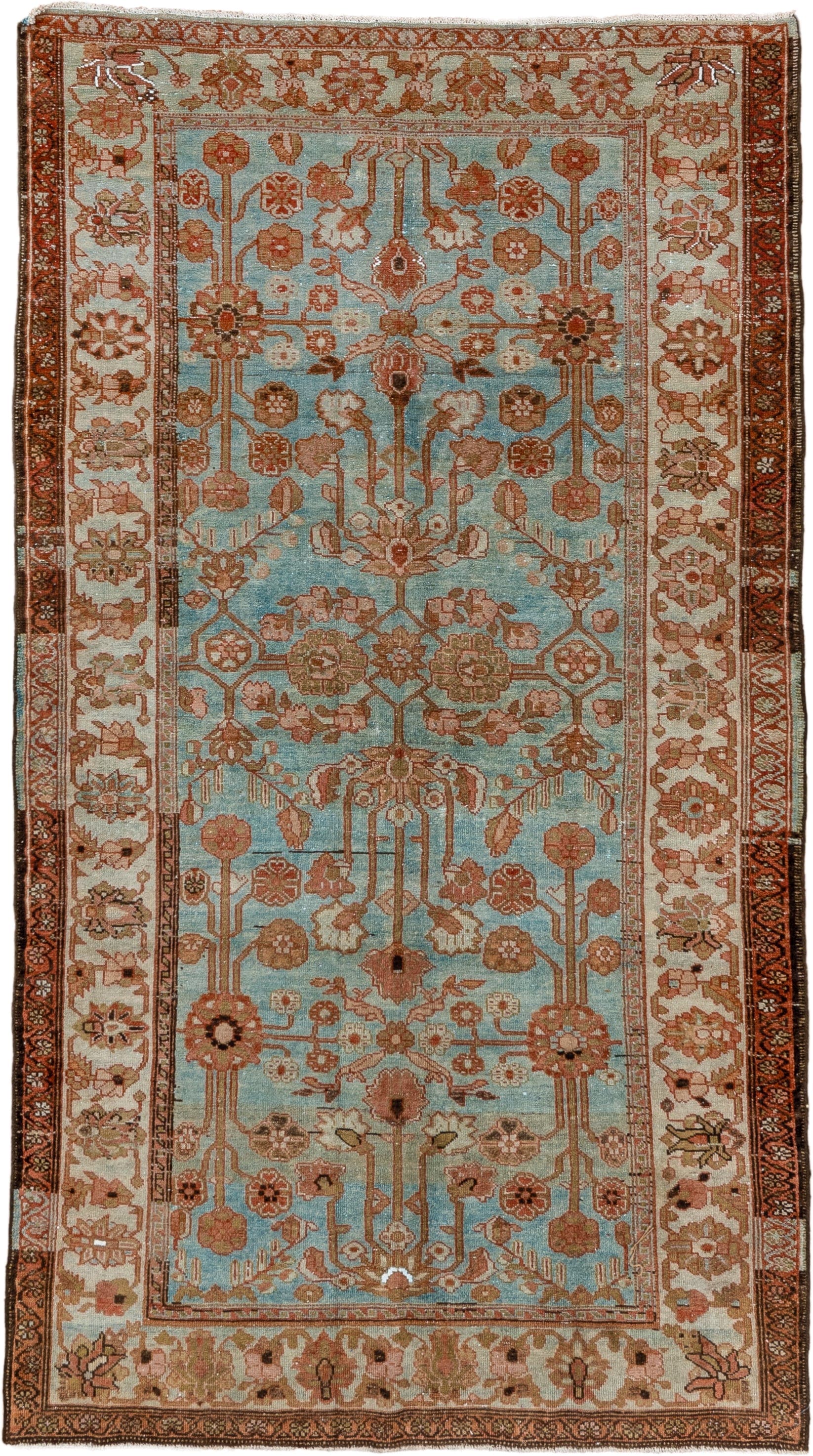 5' x 9' one-of-a-kind handmade vintage Lilian medium size rug. Color palette: light blue, ivory, rust, camel, taupe, brown