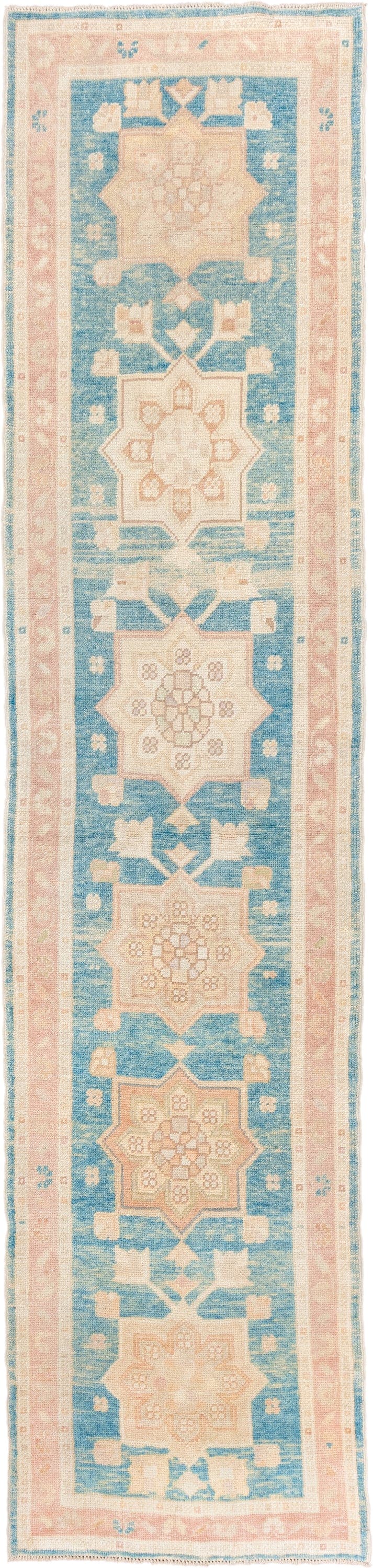 3' x 13' one-of-a-kind handmade vintage Oushak runner rug. Color palette: sky blue, blush, ivory, cream, peach, light blue
