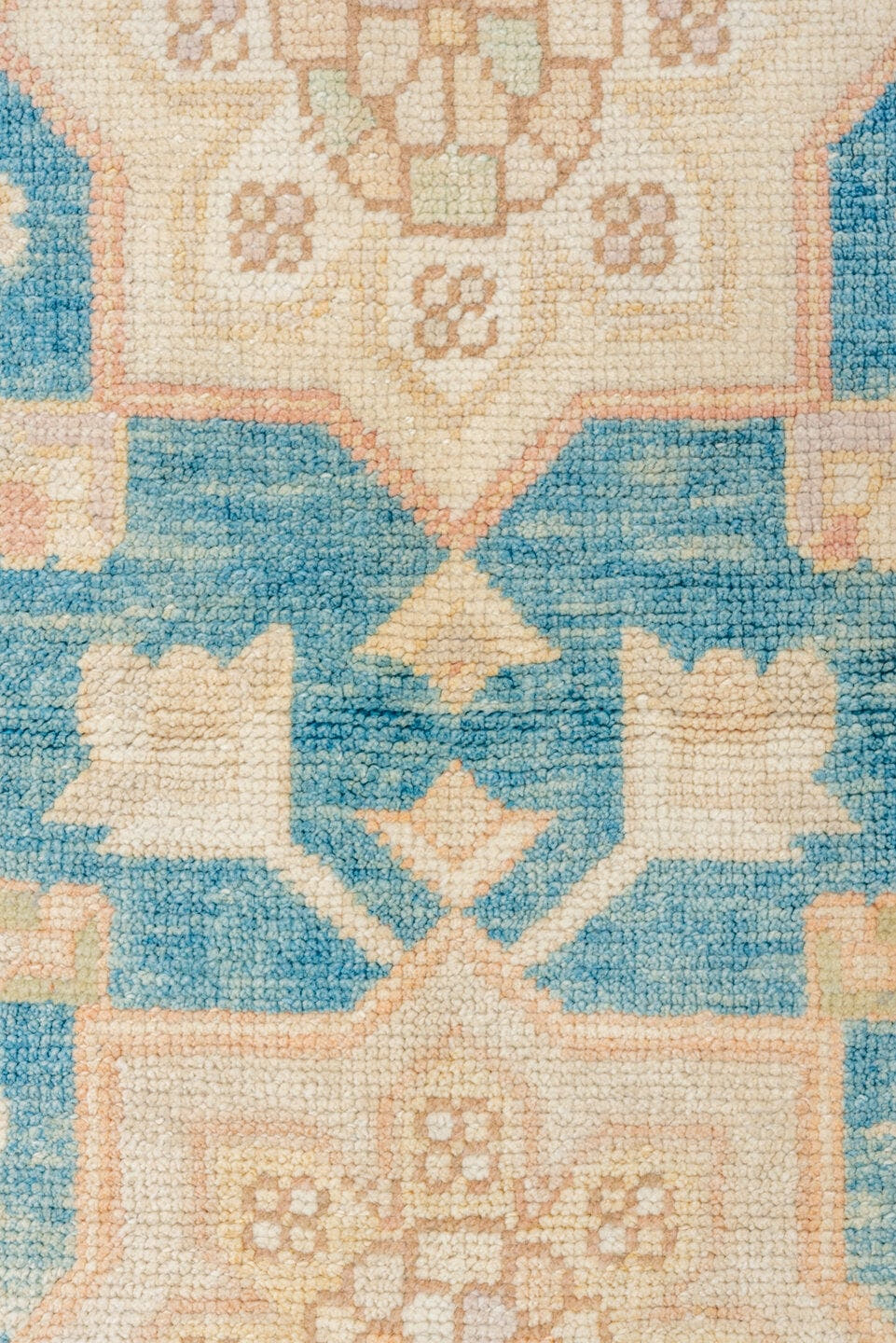 3' x 13' one-of-a-kind handmade vintage Oushak runner rug. Color palette: sky blue, blush, ivory, cream, peach, light blue