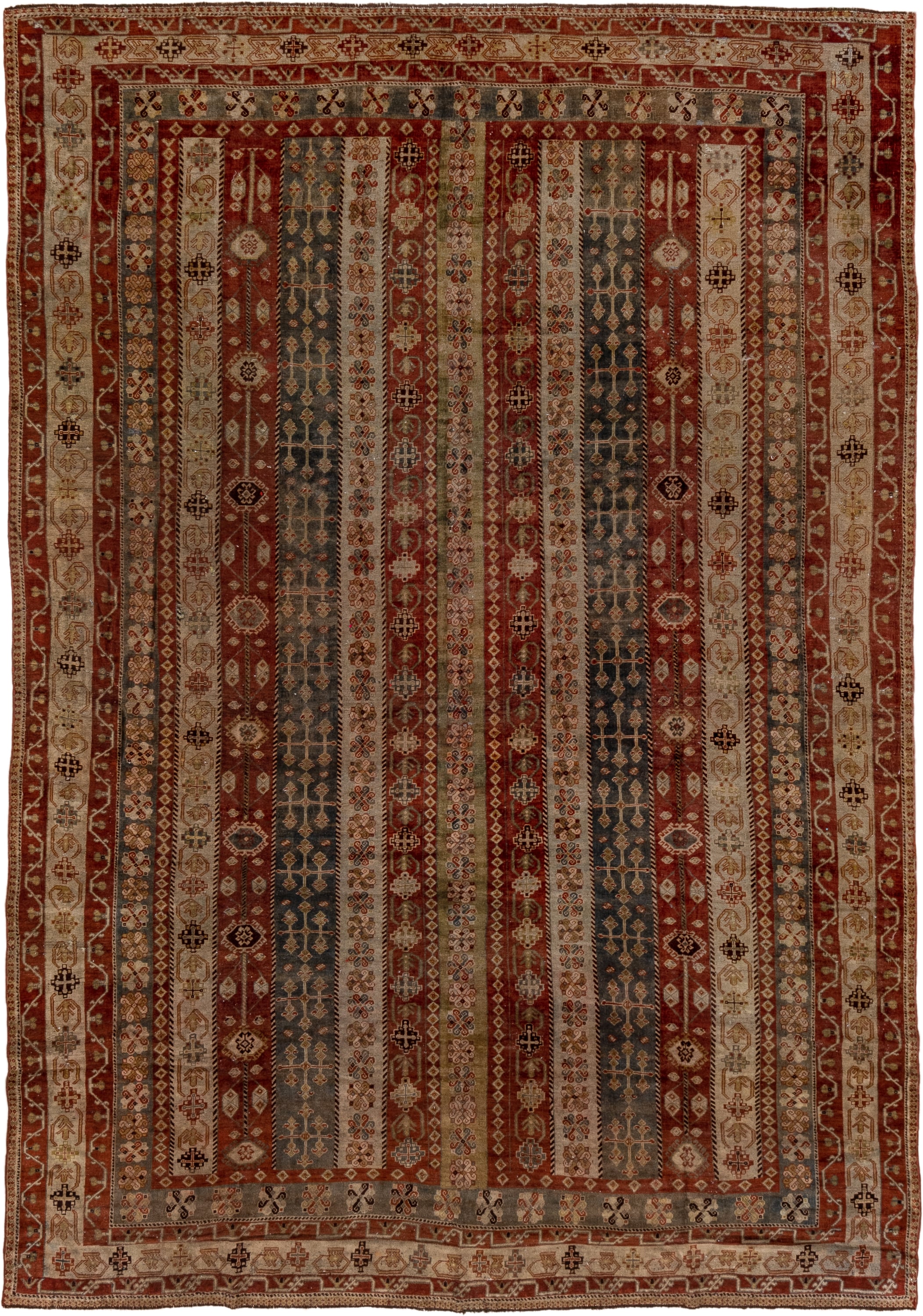 7' x 11' one-of-a-kind handmade vintage Shiraz large size rug. Color palette: rust, ivory, slate, camel, taupe, brown