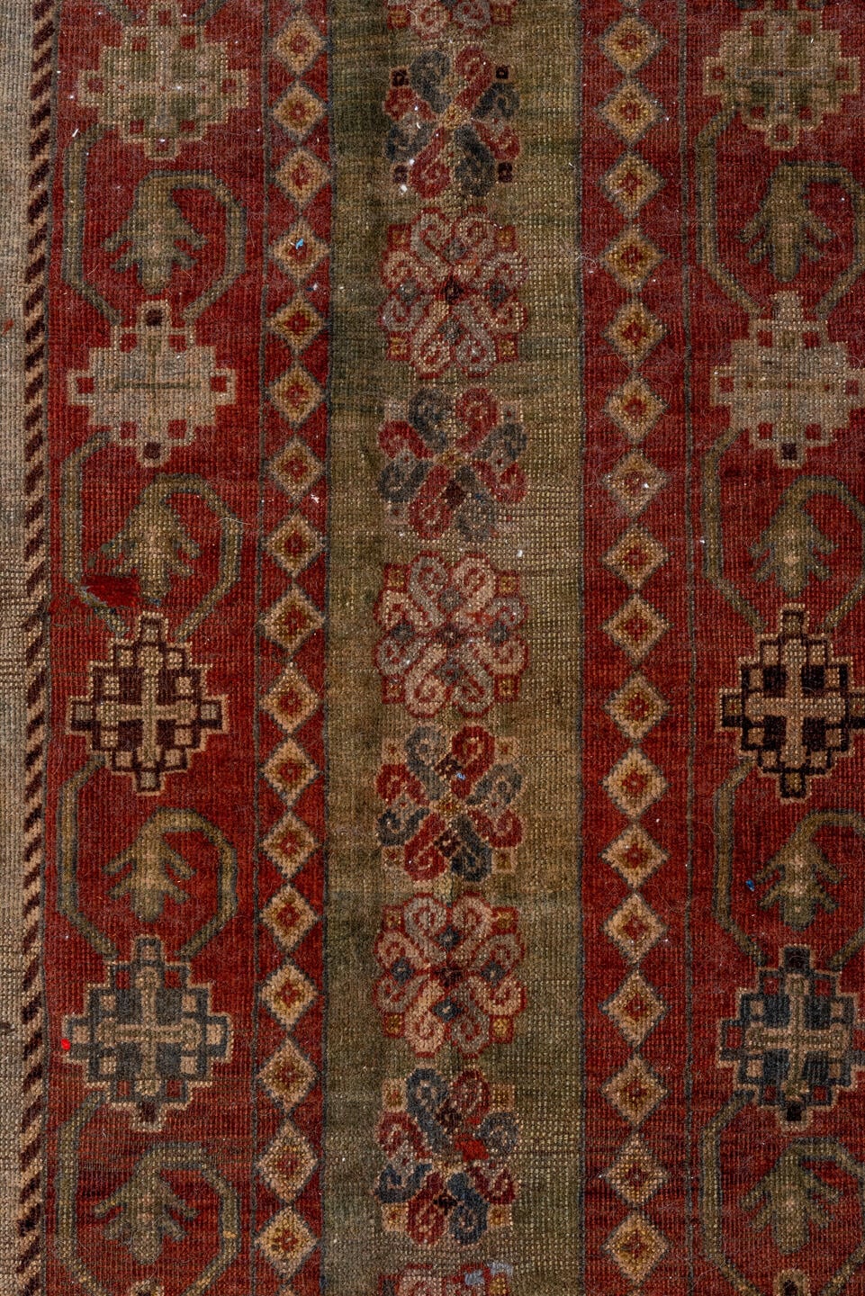 7' x 11' one-of-a-kind handmade vintage Shiraz large size rug. Color palette: rust, ivory, slate, camel, taupe, brown