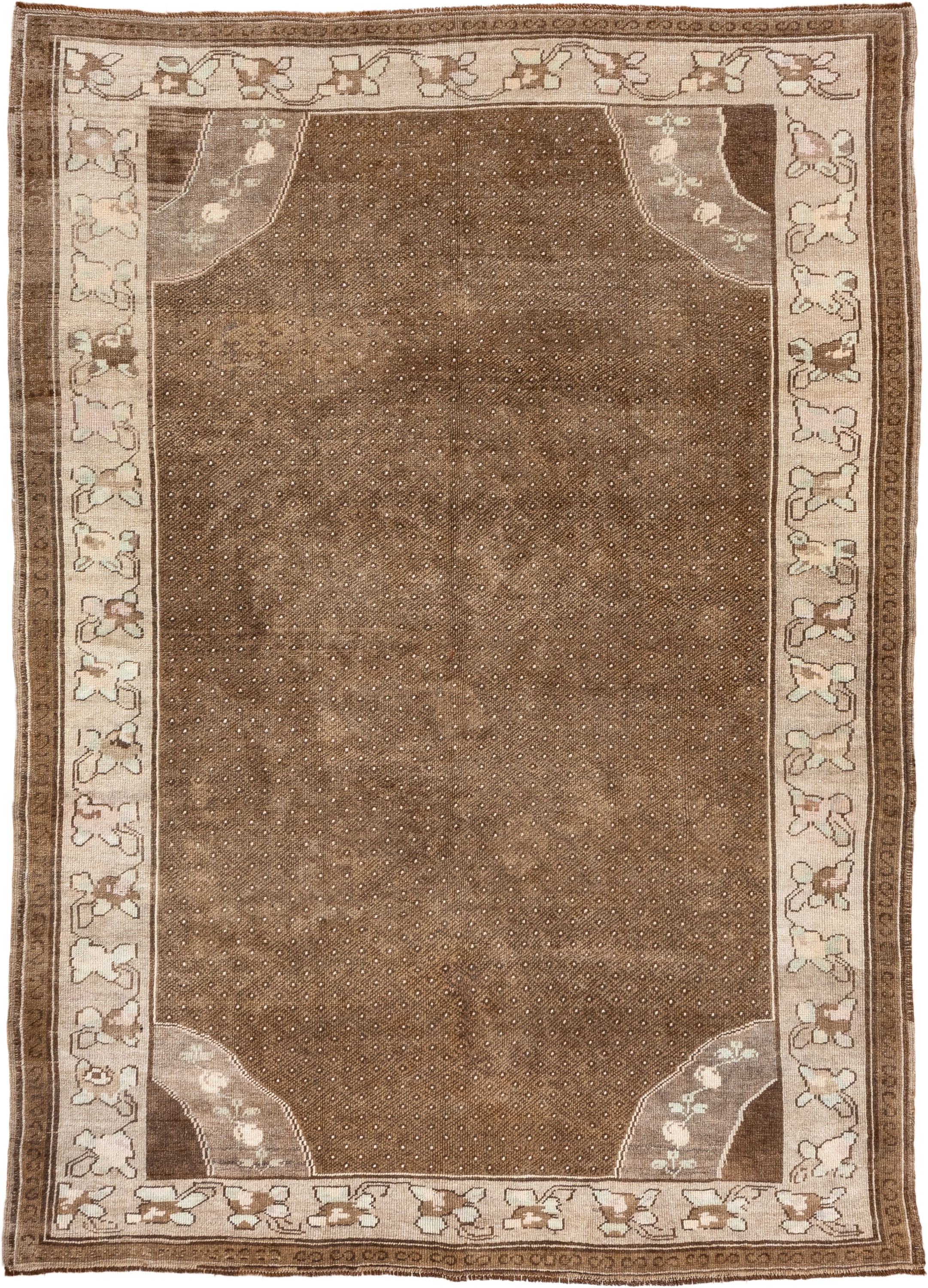 7' x 10' one-of-a-kind handmade vintage Kars large size rug. Color palette: brown, ivory, taupe, camel, beige, gray