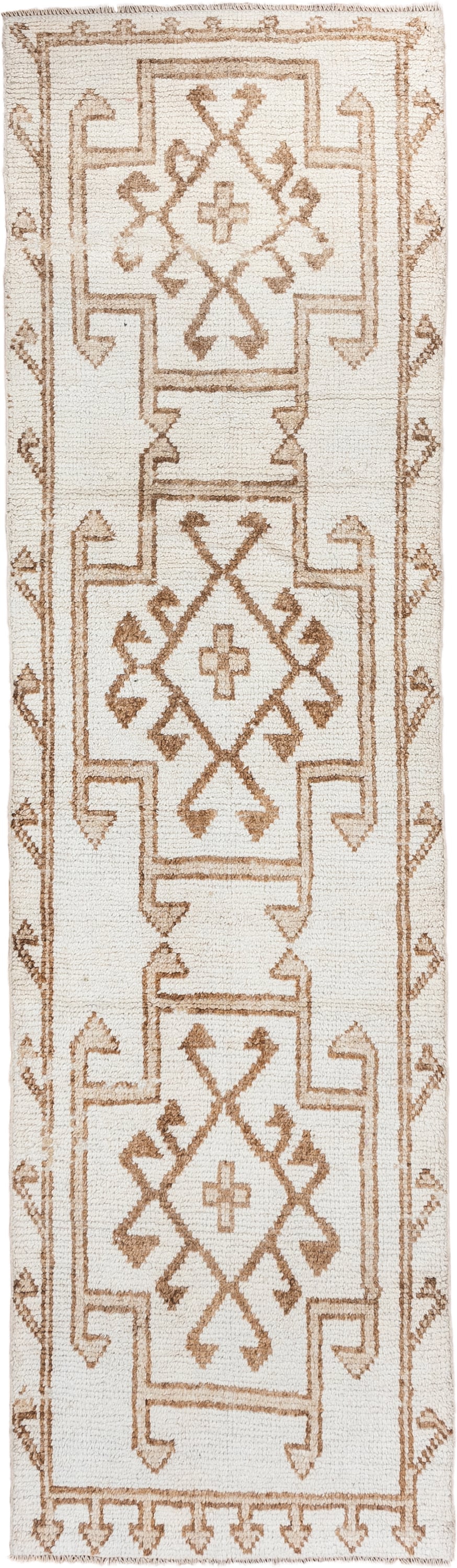 3' x 11' one-of-a-kind handmade vintage Oushak runner rug. Color palette: ivory, tan, camel, beige