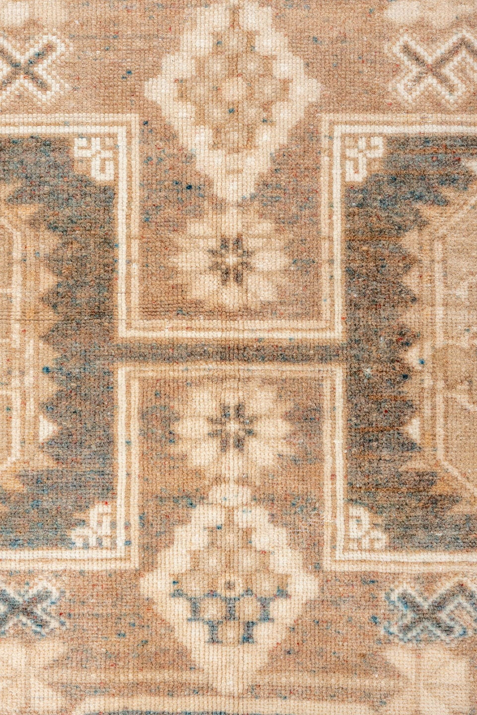5' x 9' one-of-a-kind handmade vintage Oushak medium size rug. Color palette: camel, taupe, ivory, beige, slate, brown, gray