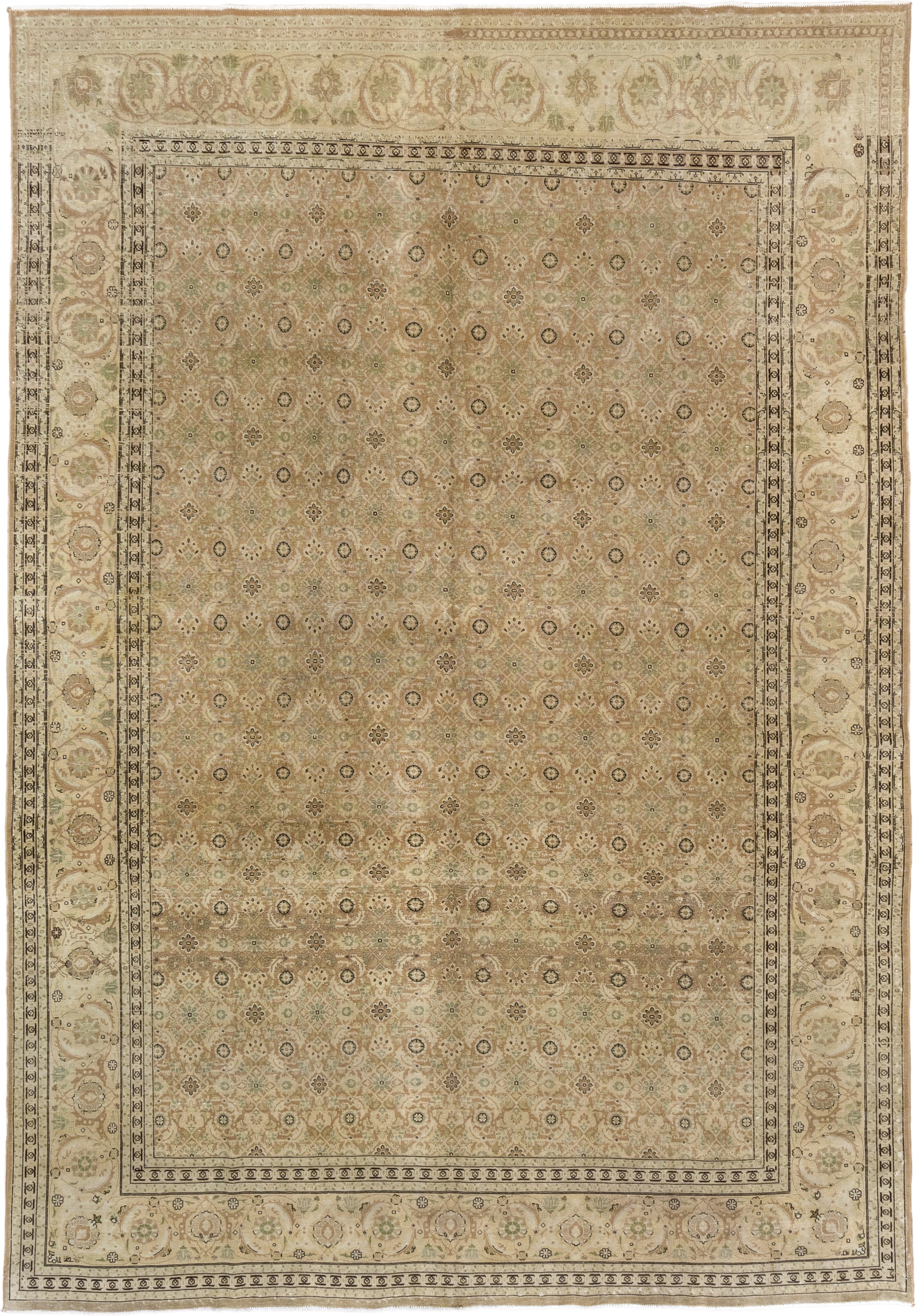 8' x 11' one-of-a-kind handmade vintage Tabriz large size rug. Color palette: beige, ivory, camel, taupe, sage, brown, gray