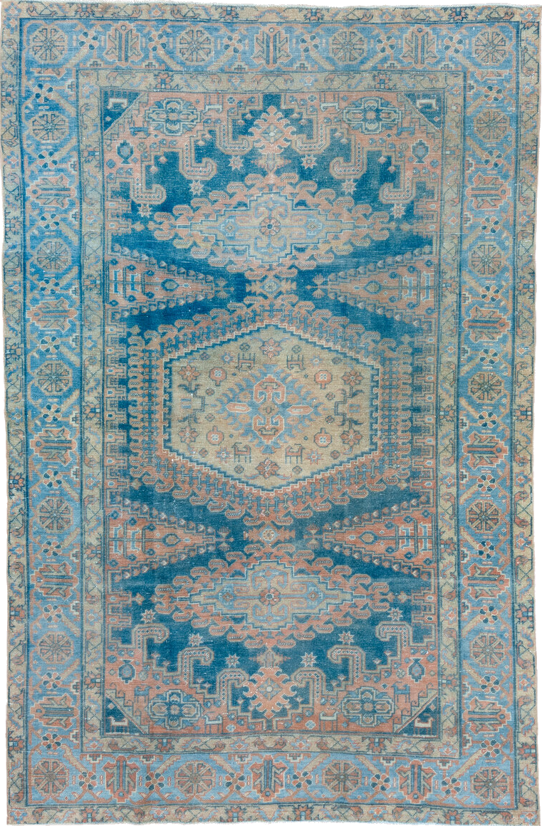 6' x 10' one-of-a-kind handmade vintage Veece large size rug. Color palette: blue, brown, gray, light blue, light gray