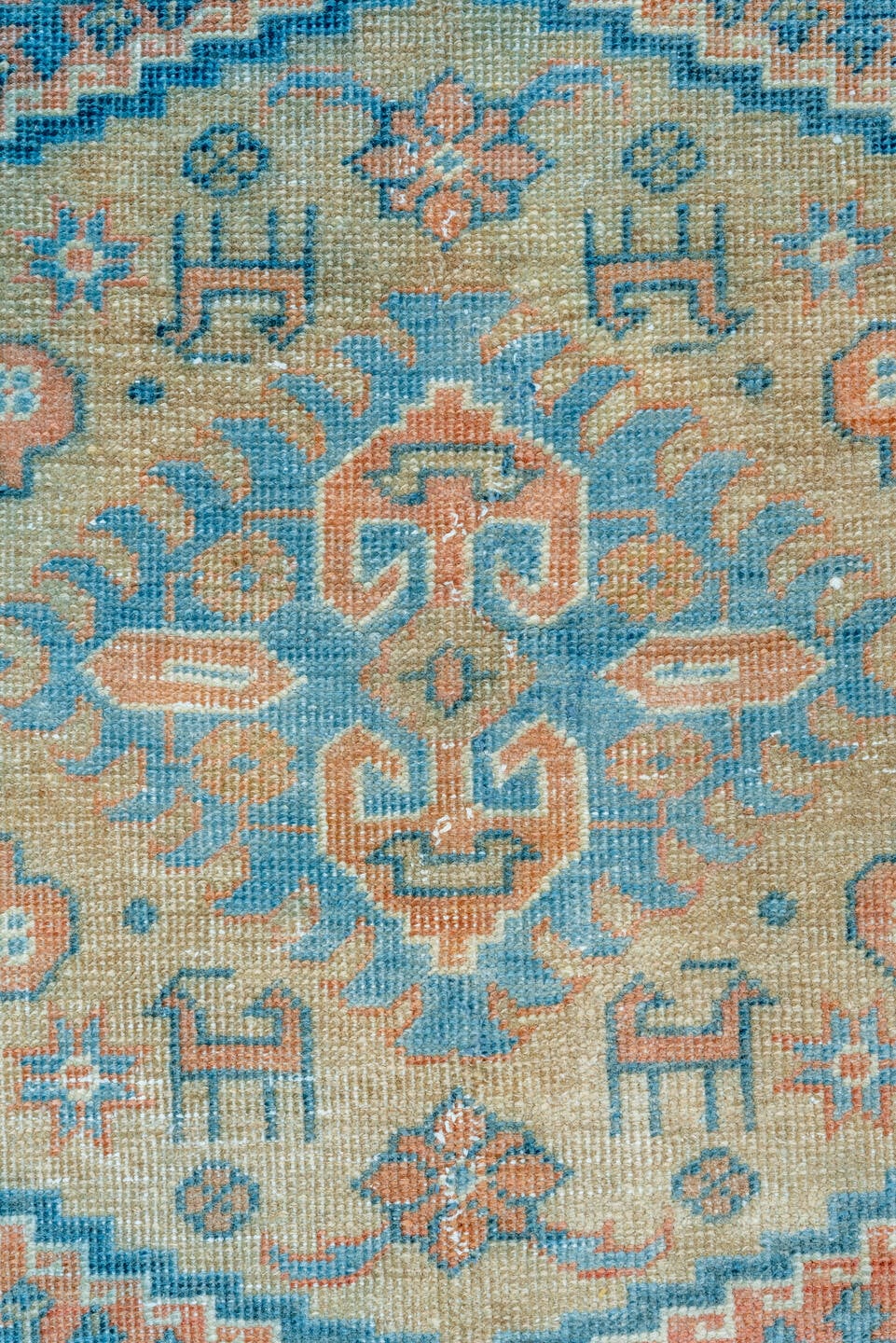 6' x 10' one-of-a-kind handmade vintage Veece large size rug. Color palette: blue, ivory, peach, sky_blue, beige, taupe