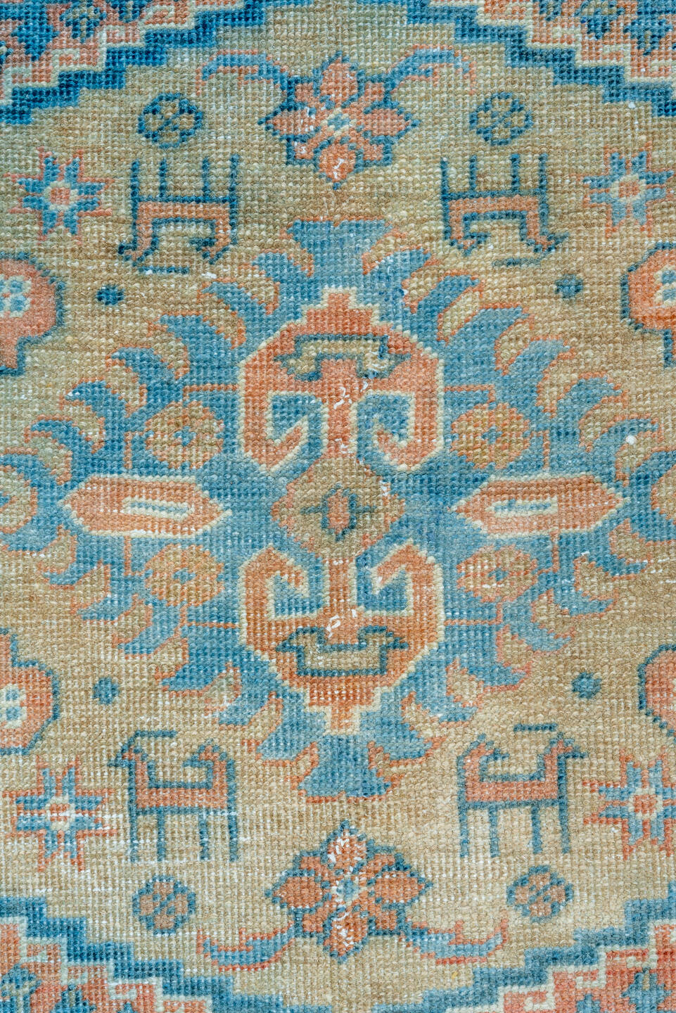 6' x 10' one-of-a-kind handmade vintage Veece large size rug. Color palette: blue, brown, gray, light blue, light gray