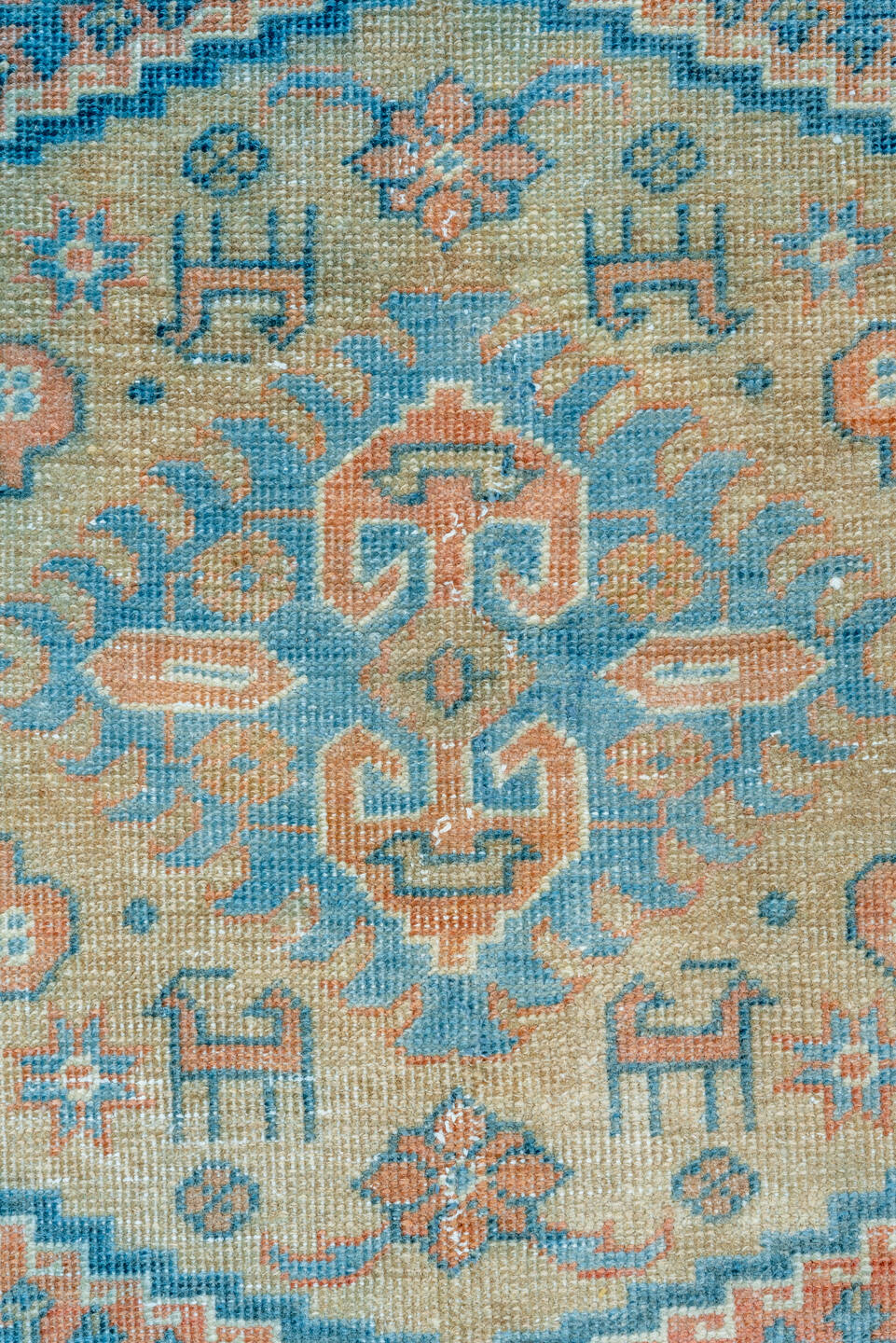 6' x 10' one-of-a-kind handmade vintage Veece large size rug. Color palette: blue, ivory, peach, sky_blue, beige, taupe