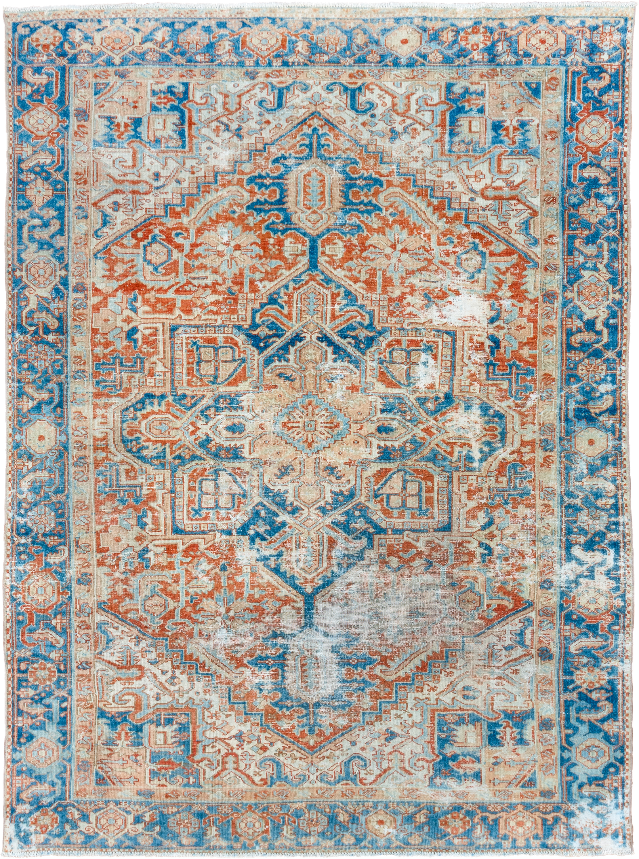 7' x 10' one-of-a-kind handmade vintage Heriz large size rug. Color palette: ivory, sky blue, rust, camel, terracotta