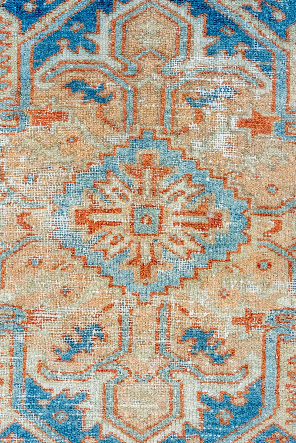 7' x 10' one-of-a-kind handmade vintage Heriz large size rug. Color palette: ivory, sky blue, rust, camel, terracotta
