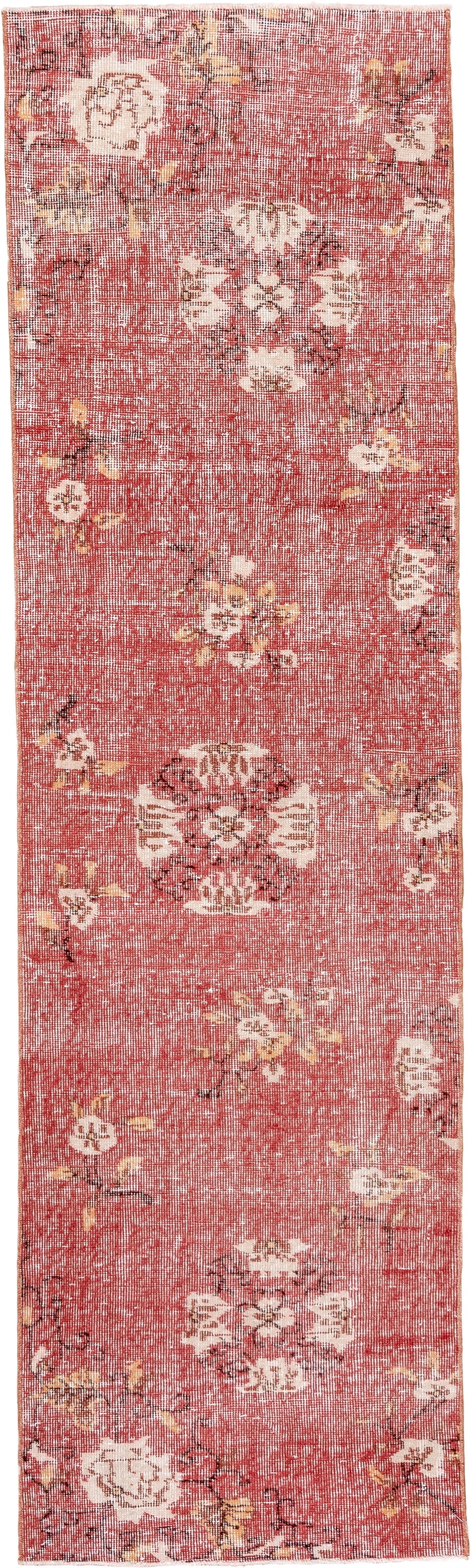 2' x 8' one-of-a-kind handmade vintage Oushak runner rug. Color palette: rose, ivory, rust, gold, brown, taupe, pink, red