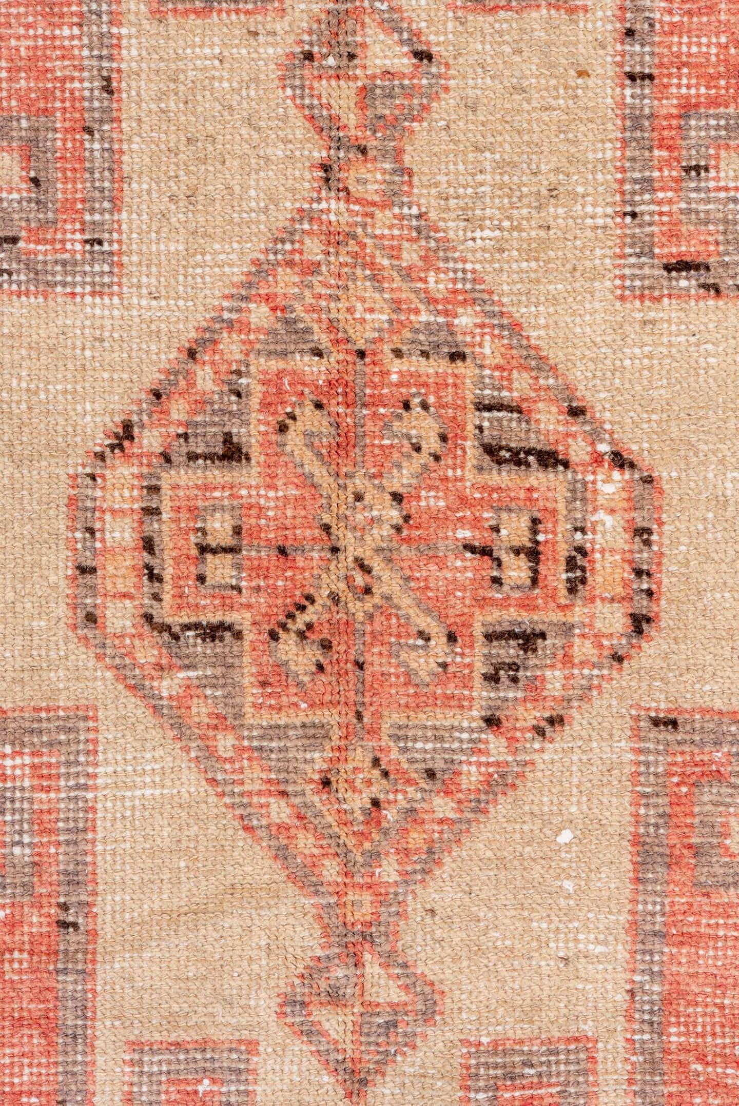 3' x 10' one-of-a-kind handmade vintage Oushak runner rug. Color palette: coral, ivory, charcoal, rose, taupe, terracotta