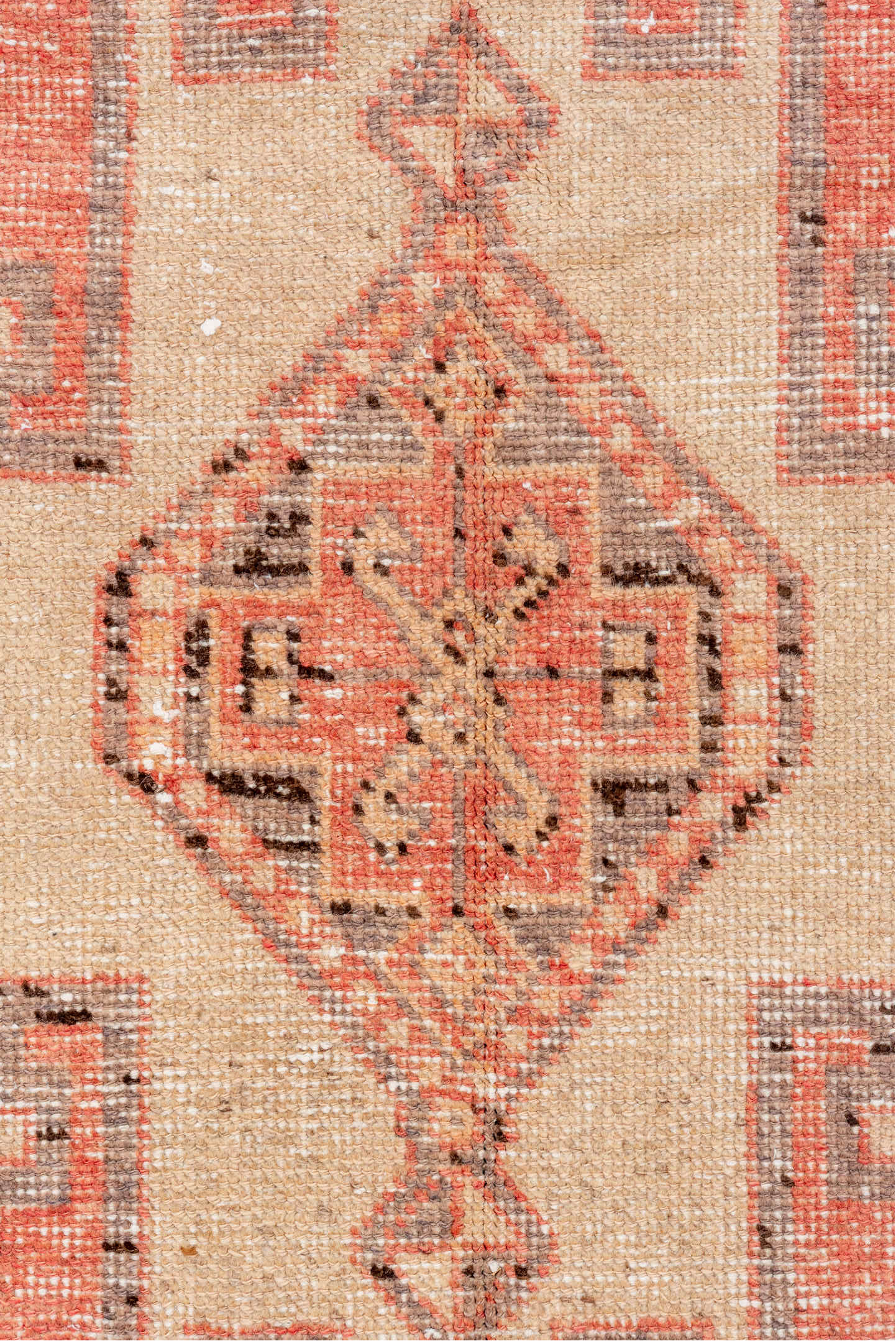 3' x 10' one-of-a-kind handmade vintage Oushak runner rug. Color palette: coral, ivory, charcoal, rose, taupe, terracotta