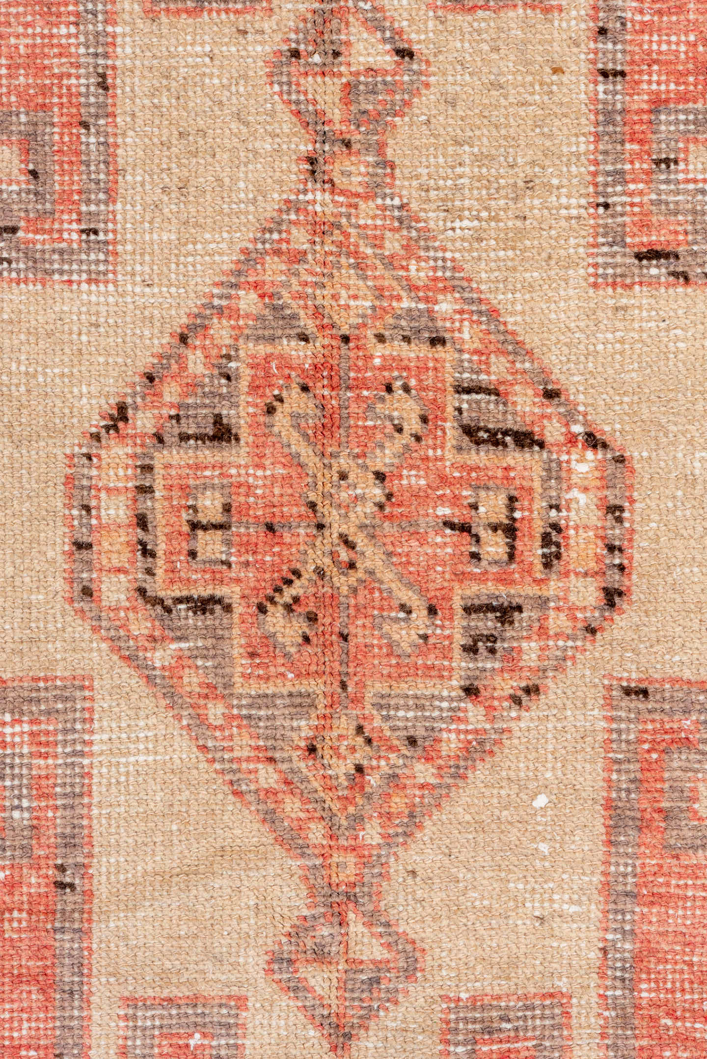 3' x 10' one-of-a-kind handmade vintage Oushak runner rug. Color palette: coral, ivory, charcoal, rose, taupe, terracotta