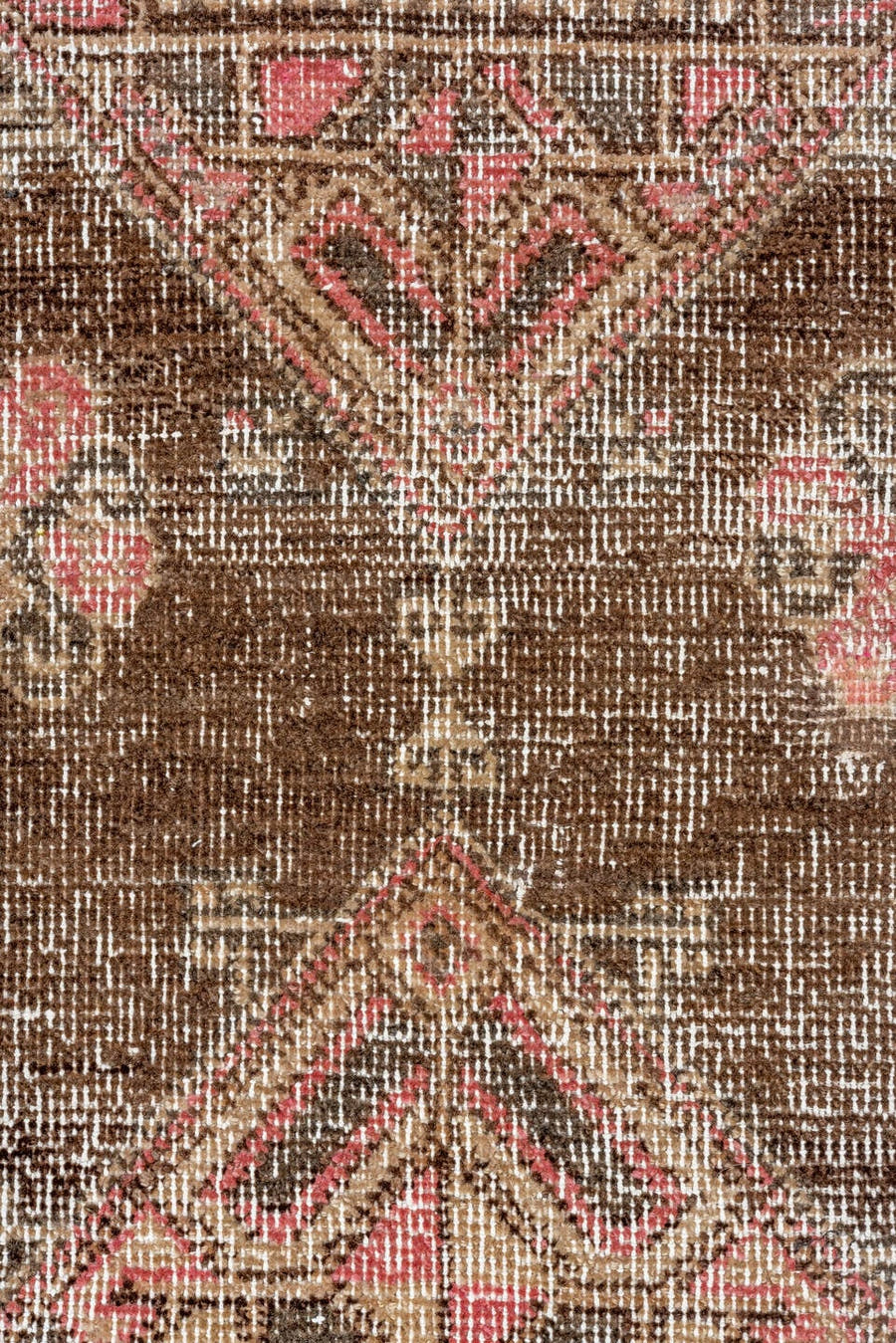 4' x 9' one-of-a-kind handmade vintage Oushak runner rug. Color palette: brown, taupe, ivory, rose, charcoal, beige, gray