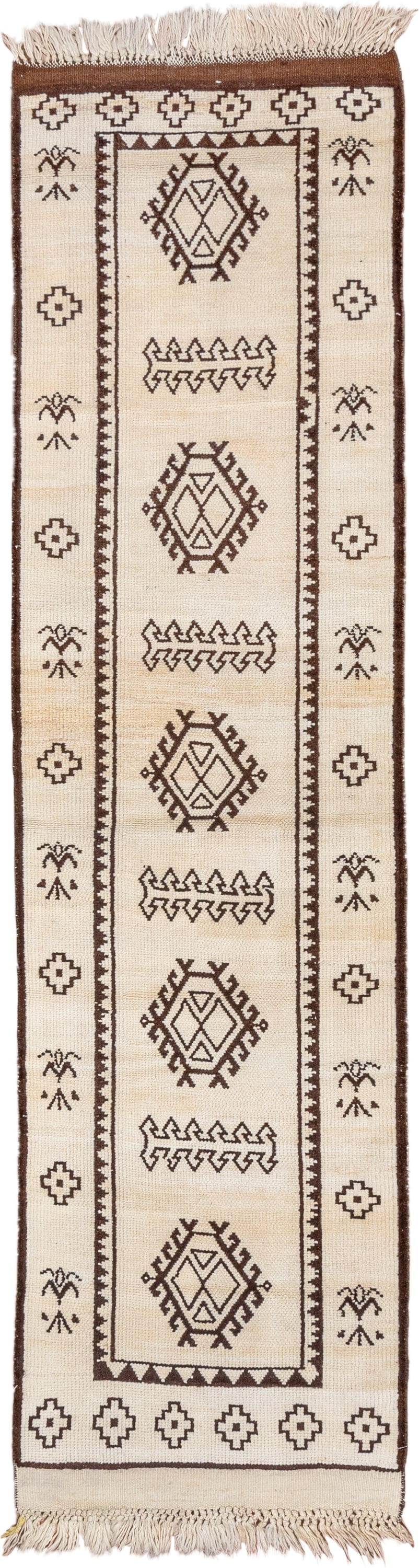 2' x 9' one-of-a-kind handmade vintage Kars runner rug. Color palette: ivory, brown, camel, taupe, beige, gray