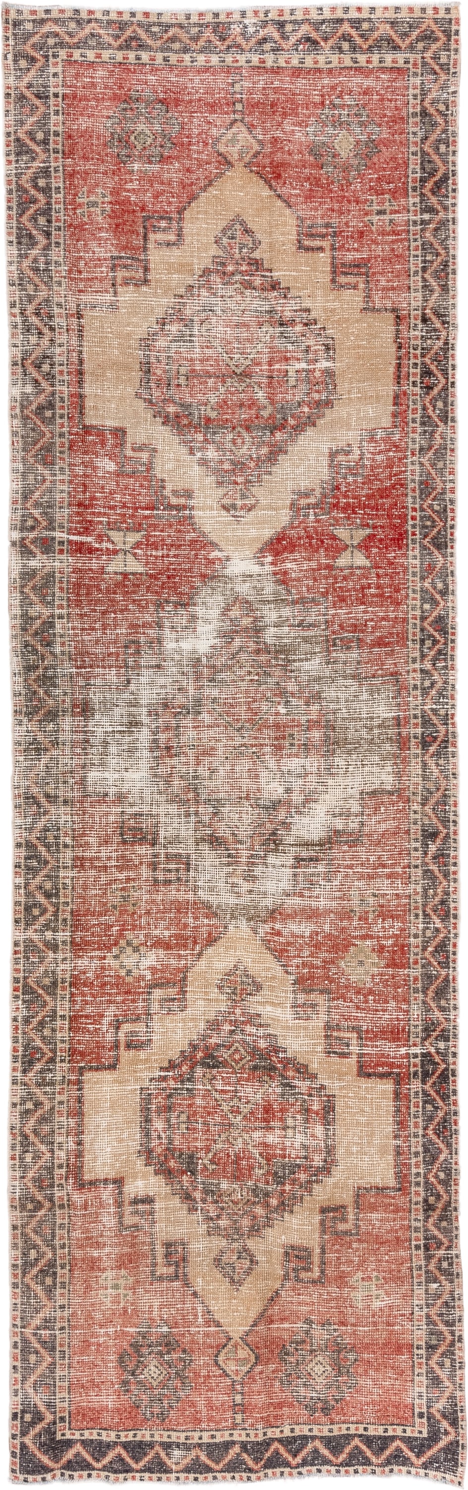 3' x 11' one-of-a-kind handmade vintage Oushak runner rug. Color palette: rust, ivory, charcoal, coral, taupe, camel