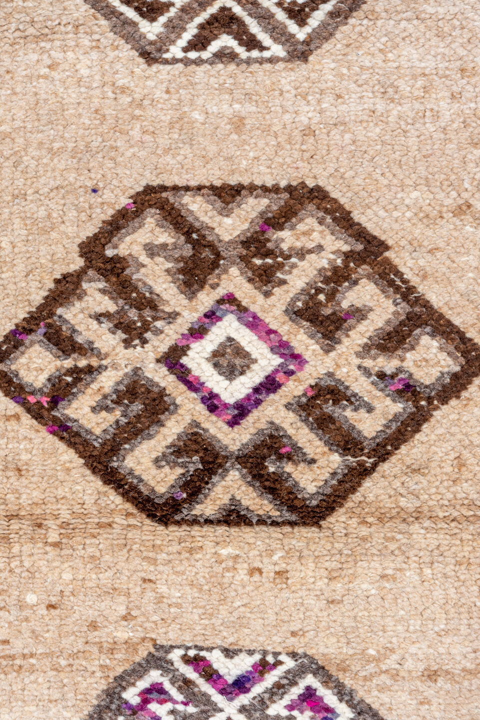 2' x 11' one-of-a-kind handmade vintage Kars runner rug. Color palette: camel, brown, ivory, taupe, violet, beige, gray