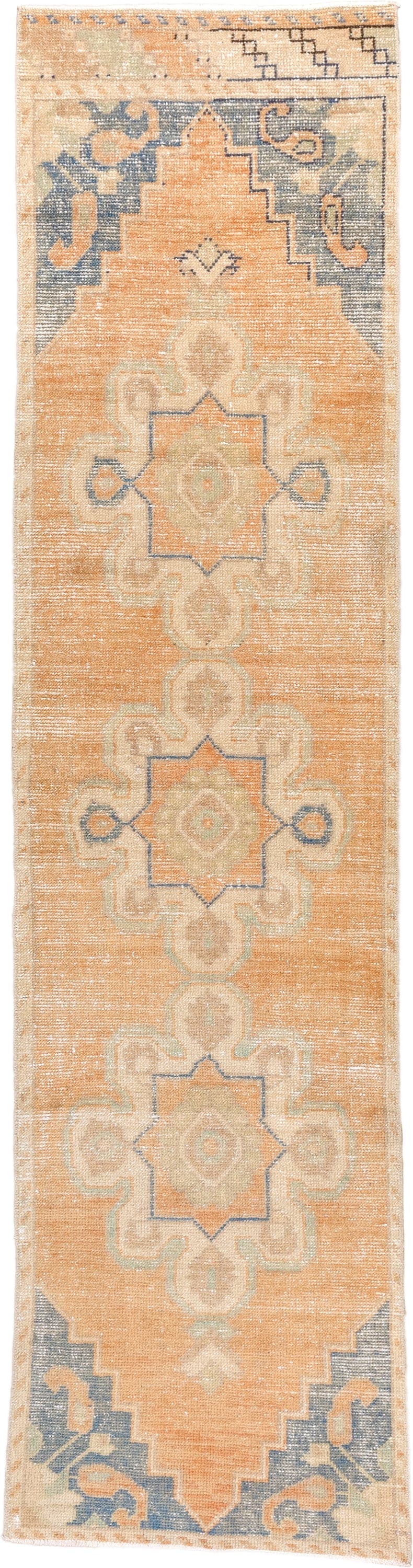 2' x 8' one-of-a-kind handmade vintage Oushak runner rug. Color palette: apricot, ivory, slate blue, beige, peach, taupe