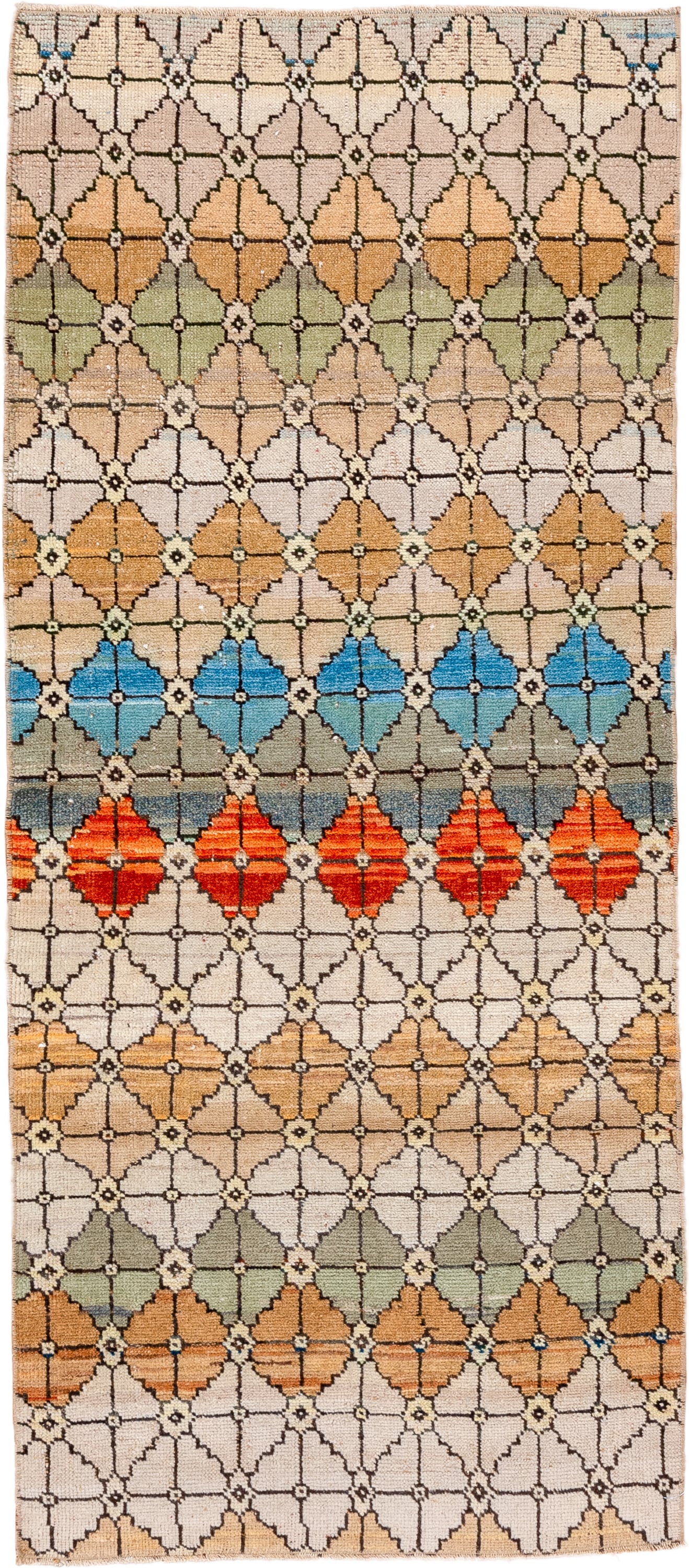 2' x 6' one-of-a-kind handmade vintage Oushak runner rug. Color palette: ivory, camel, sage, sky_blue, slate, saffron