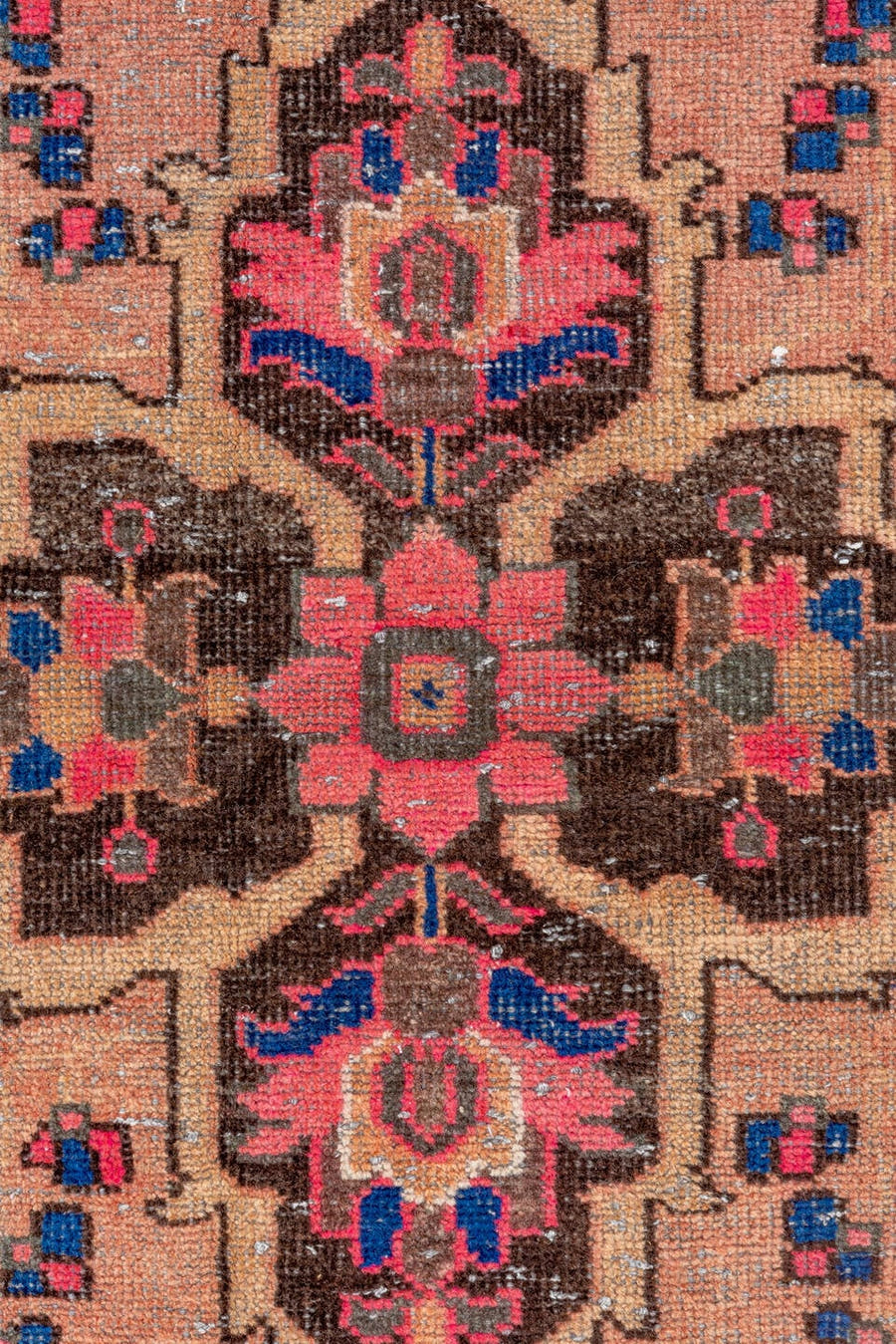 3' x 10' one-of-a-kind handmade vintage Oushak runner rug. Color palette: blush, brown, navy, pink, taupe, ivory, cobalt