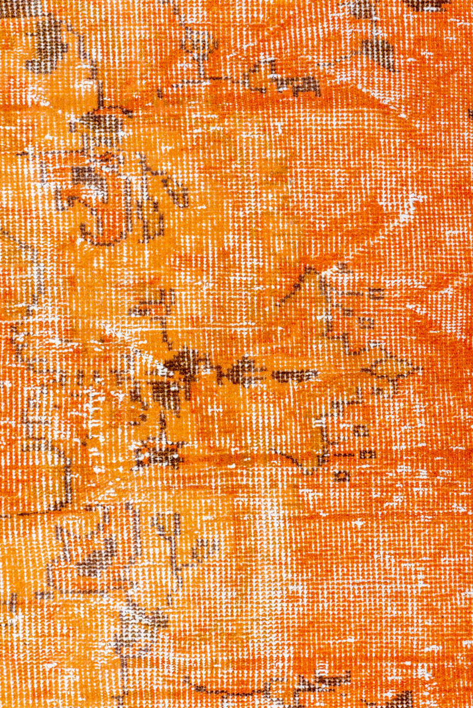 2' x 9' one-of-a-kind handmade vintage Overdyed runner rug. Color palette: orange, apricot, charcoal, ivory, terracotta