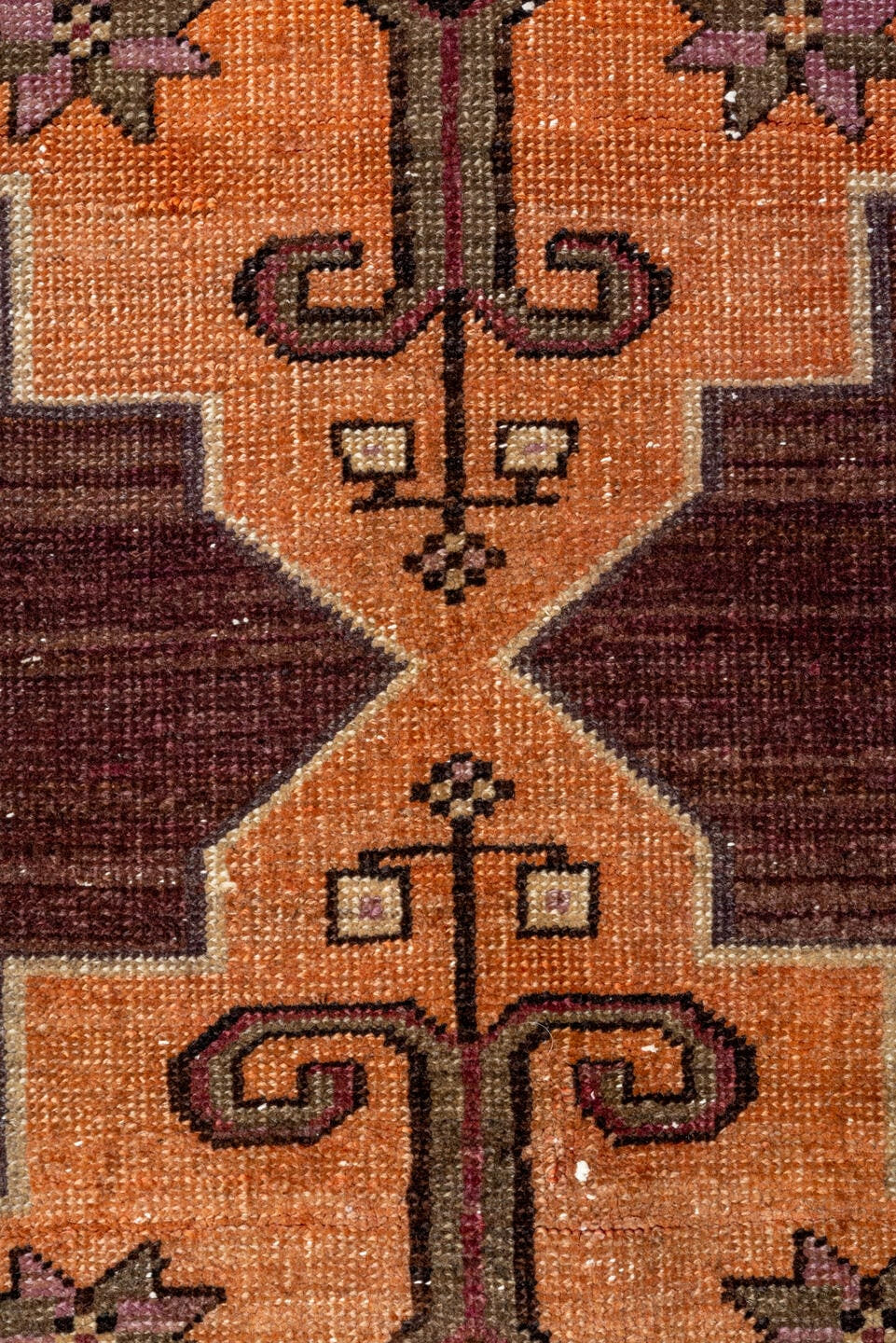 2' x 8' one-of-a-kind handmade vintage Kars runner rug. Color palette: brown, apricot, charcoal, ivory, mauve, taupe