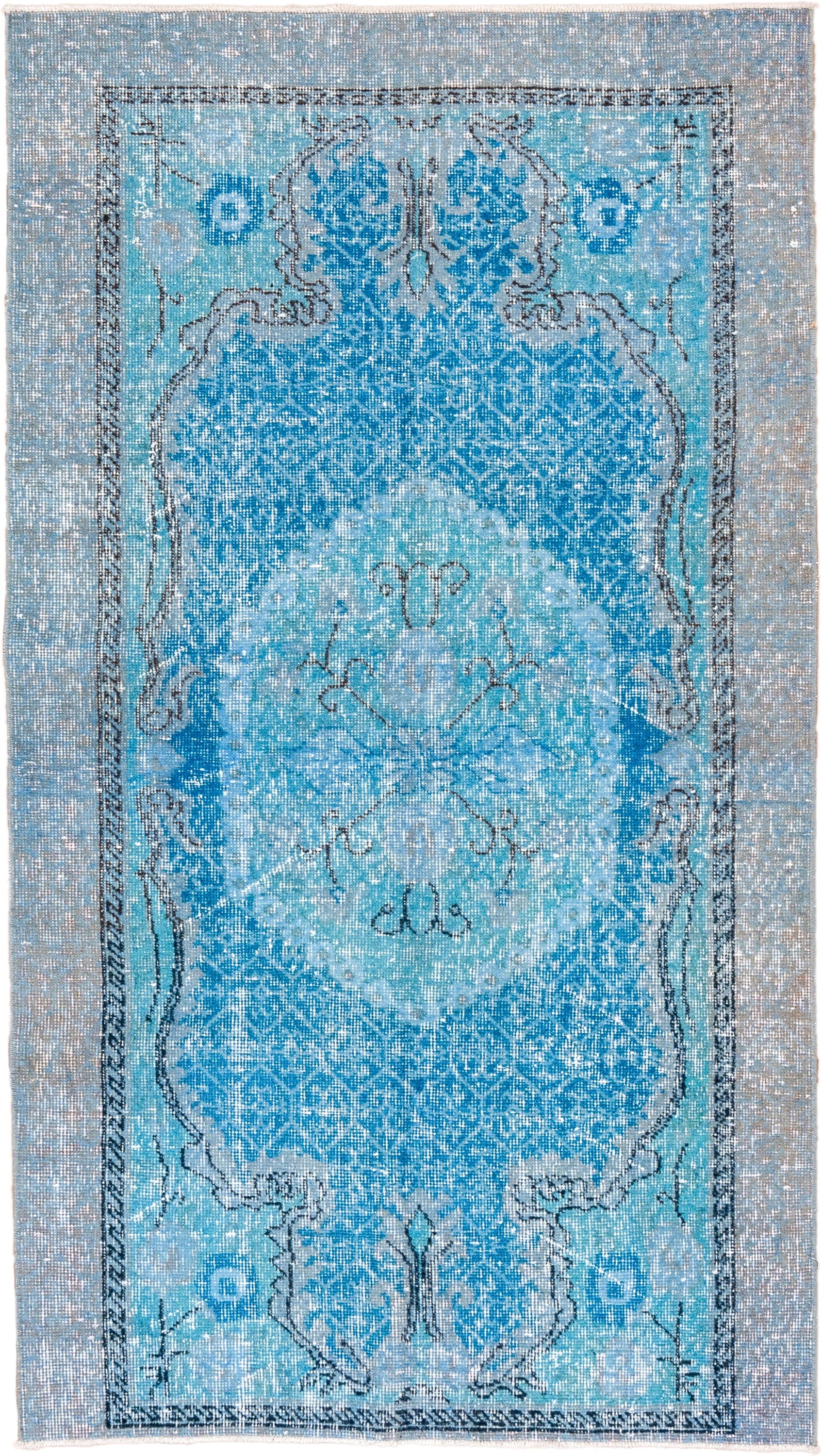 3' x 6' one-of-a-kind handmade vintage Overdyed small size rug. Color palette: aqua, sky_blue, ivory, charcoal, slate, teal