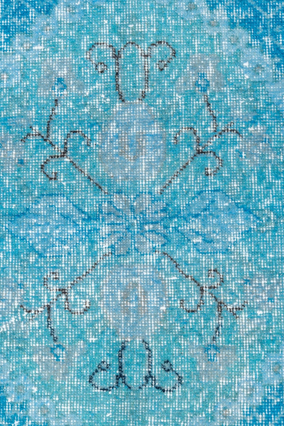 3' x 6' one-of-a-kind handmade vintage Overdyed small size rug. Color palette: aqua, sky_blue, ivory, charcoal, slate, teal