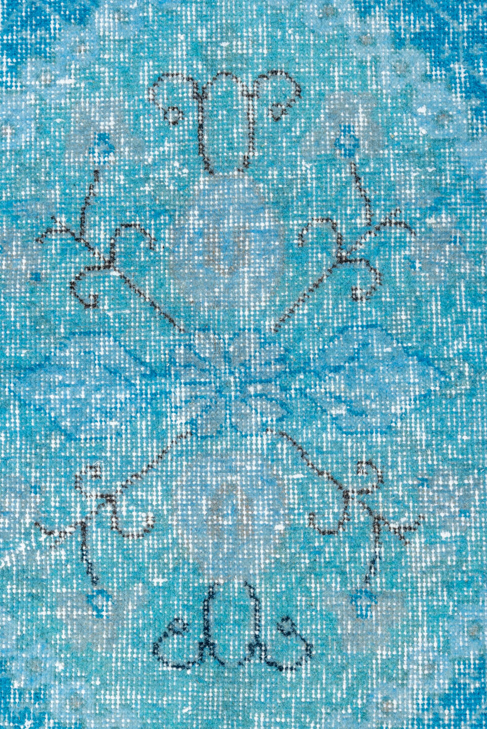 3' x 6' one-of-a-kind handmade vintage Overdyed small size rug. Color palette: aqua, sky_blue, ivory, charcoal, slate, teal