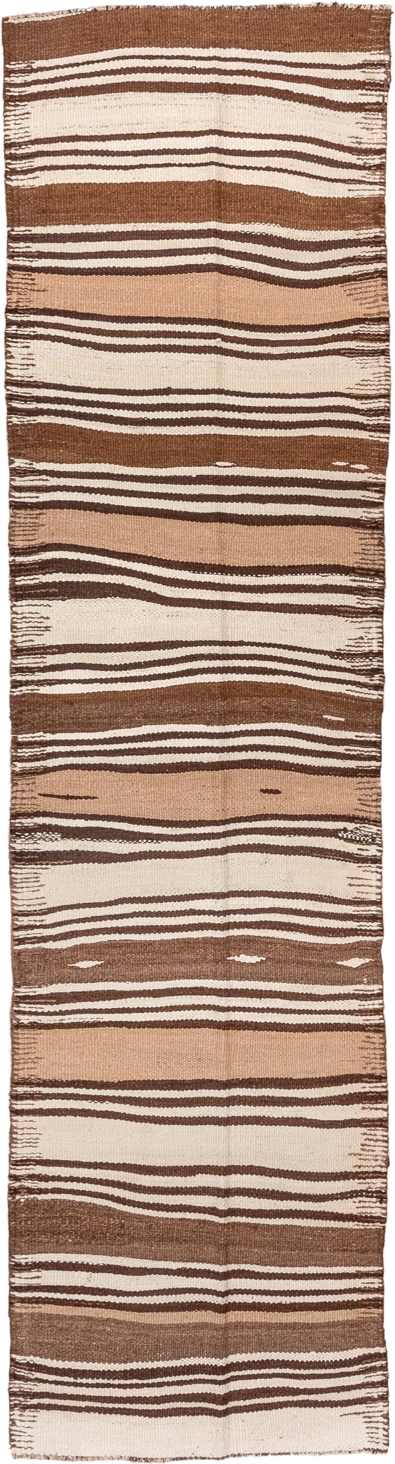 2' x 10' one-of-a-kind handmade vintage Kilim runner rug. Color palette: brown, ivory, camel, taupe, beige, gray