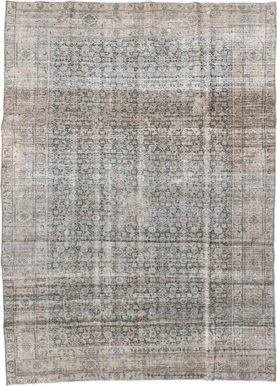 8' x 11' one-of-a-kind handmade vintage Mahal large size rug. Color palette: ivory, taupe, slate, beige, camel, gray