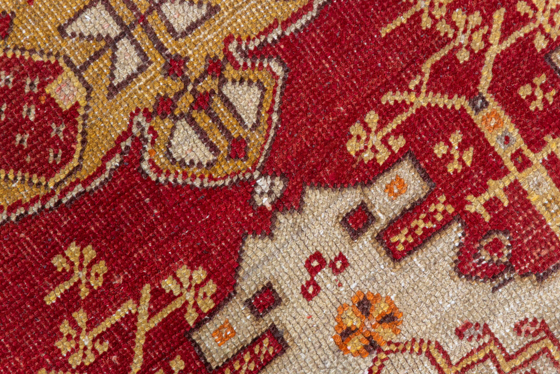 3' x 5' one-of-a-kind handmade vintage Oushak small size rug. Color palette: red, ivory, camel, rust, terra cotta, gold